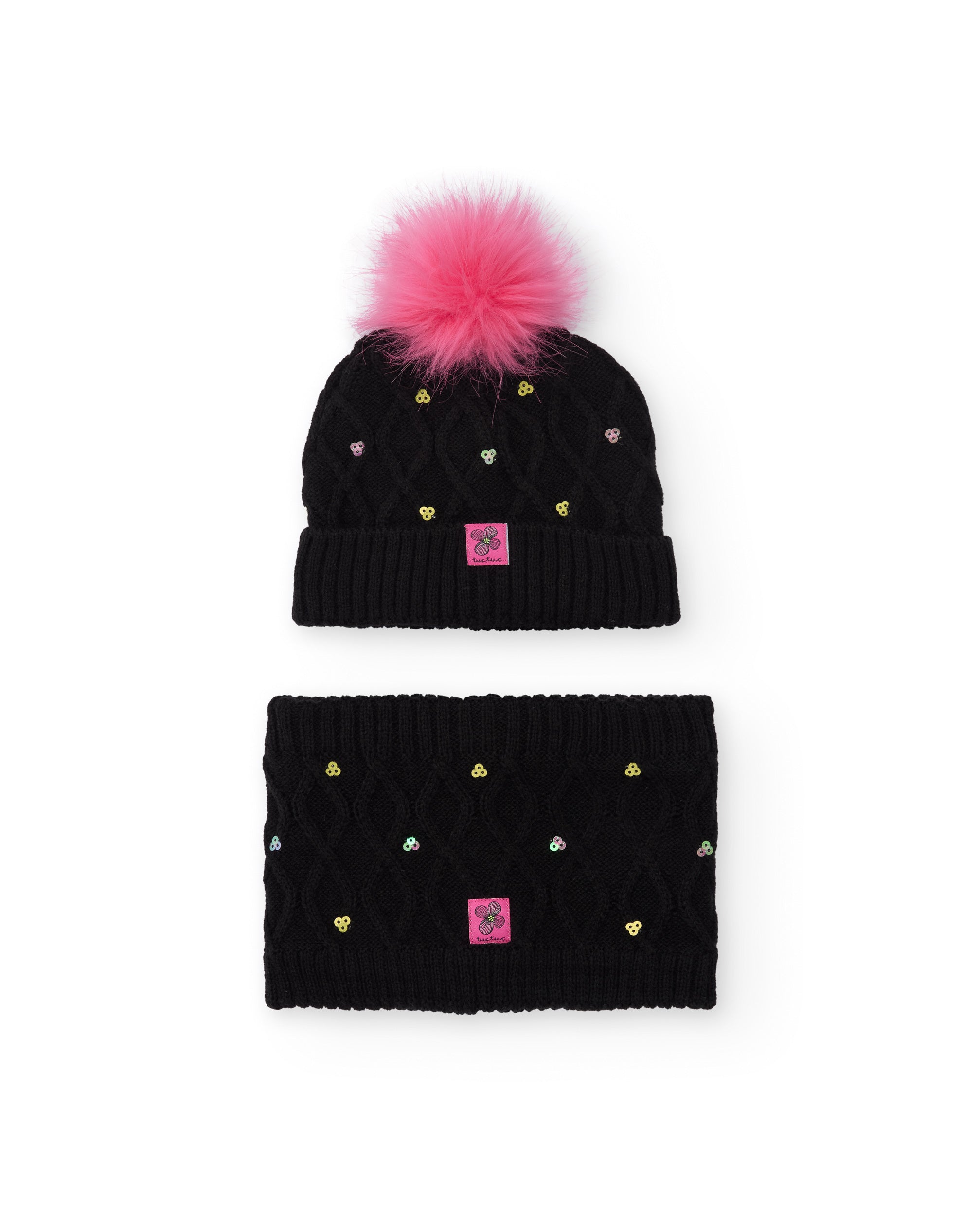 Set de gorro y cuello para niña en negro con pompón rosa y
