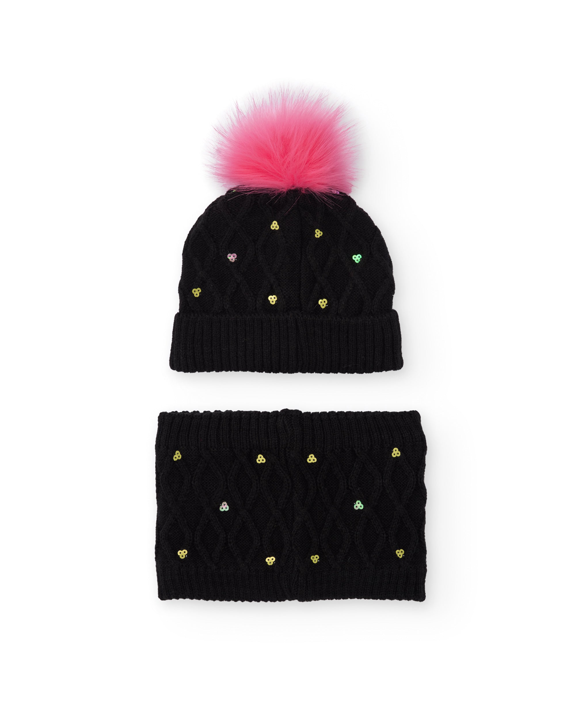 Set de gorro y cuello para niña en negro con pompón rosa y