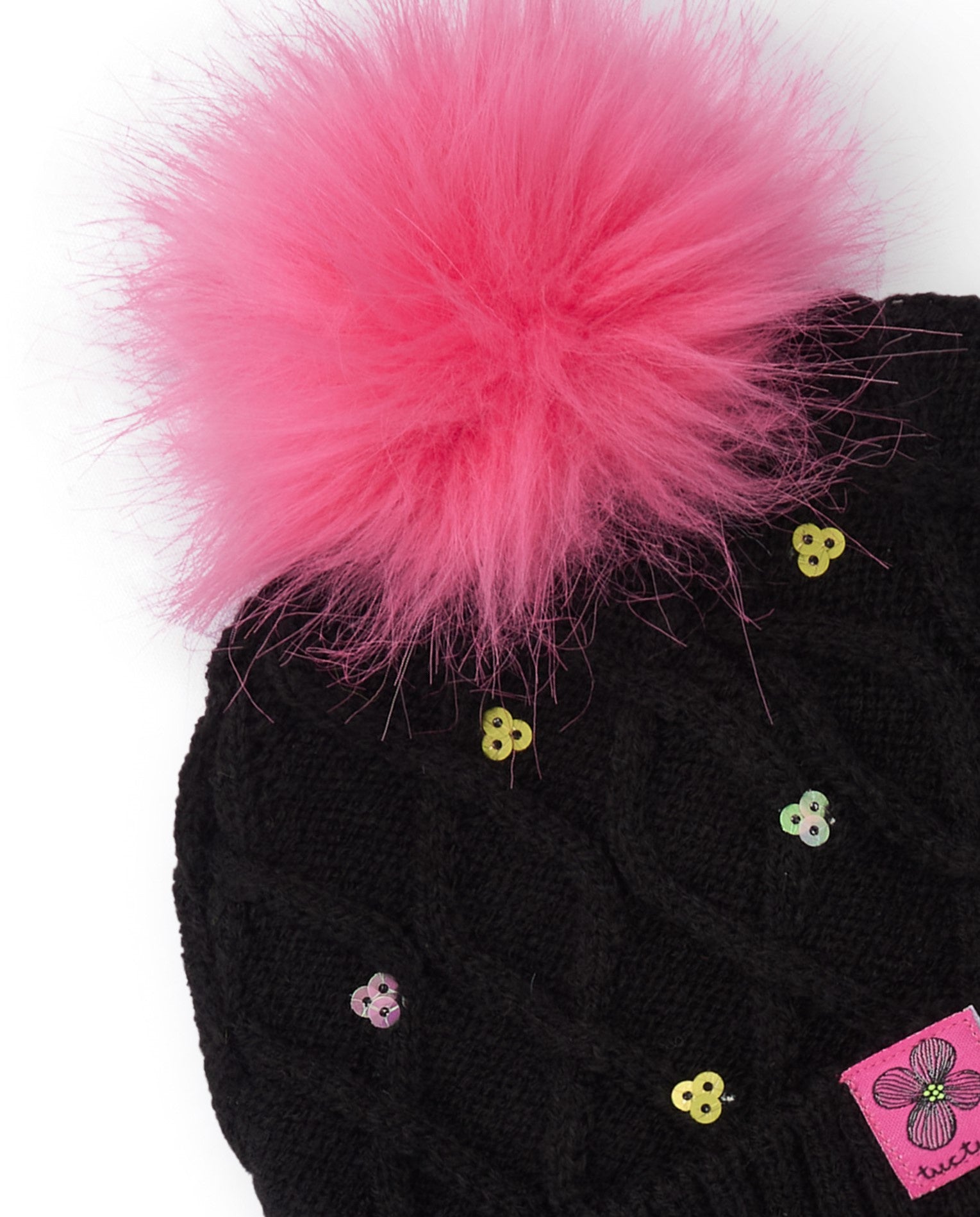 Set de gorro y cuello para niña en negro con pompón rosa y