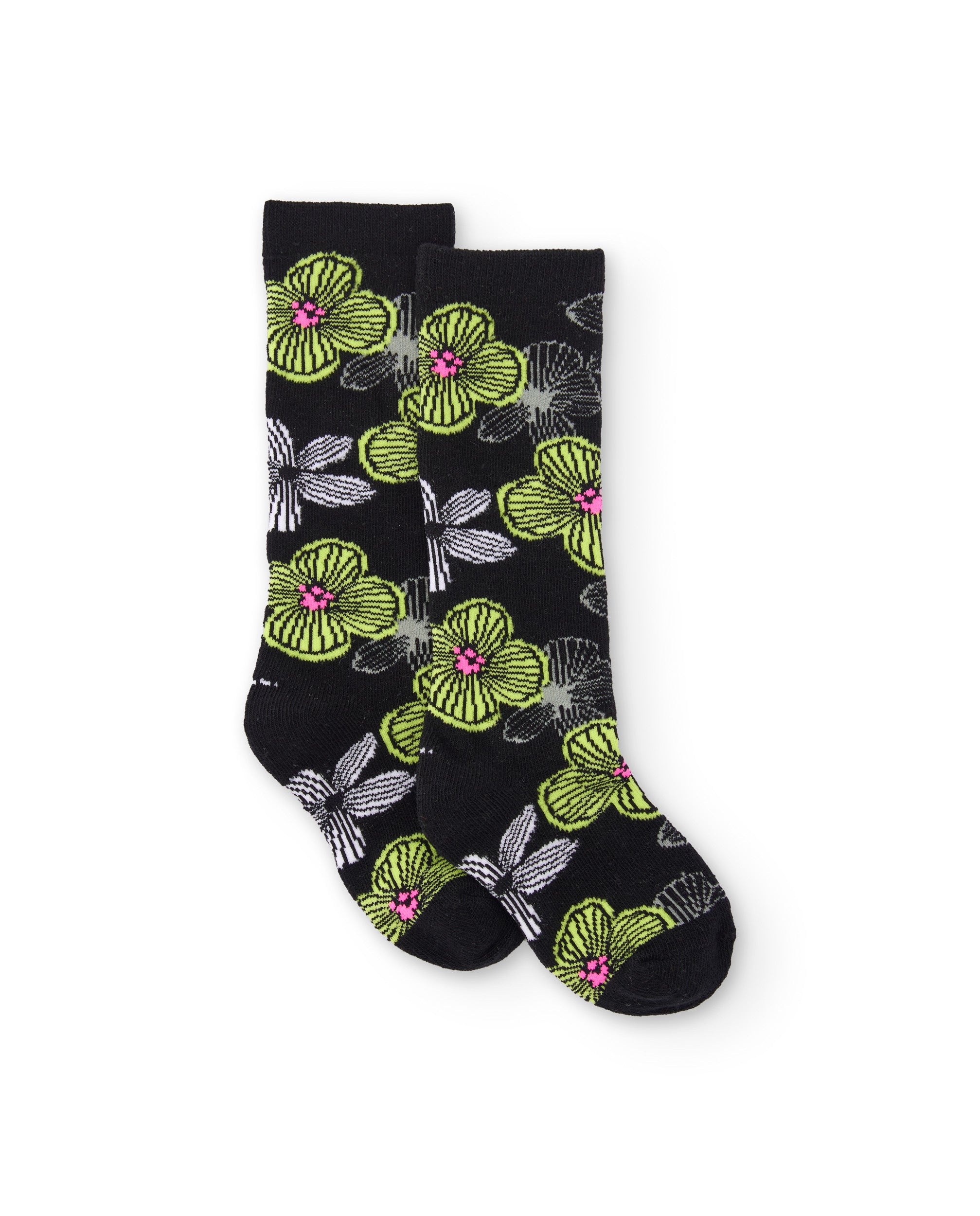 Calcetines para niña en negro con flores grandes en verde y