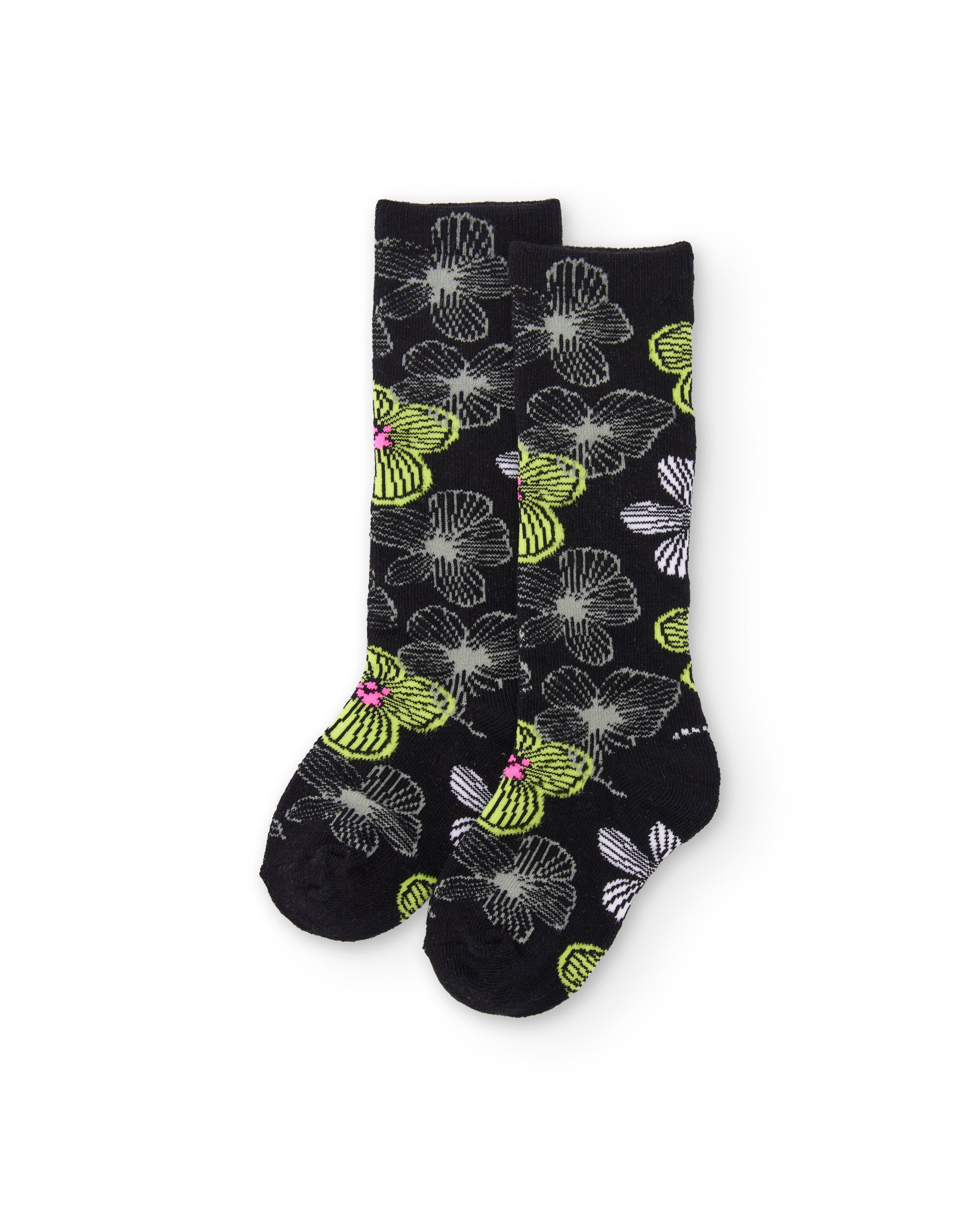 Calcetines para niña en negro con flores grandes en verde y