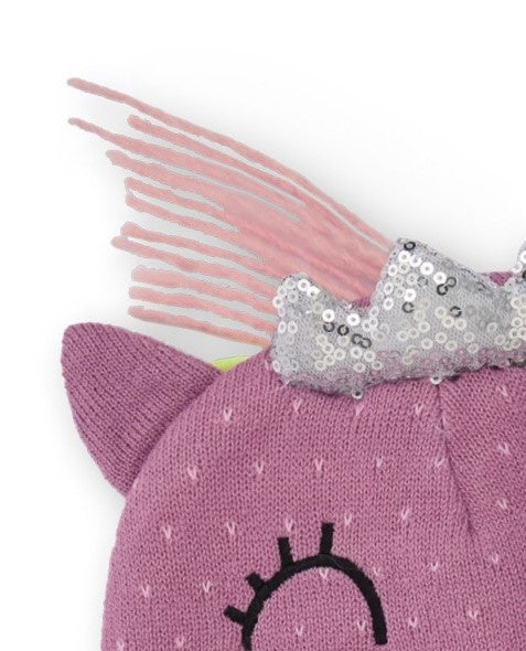 Gorro de punto para niña en color malva con diseño de unicornio