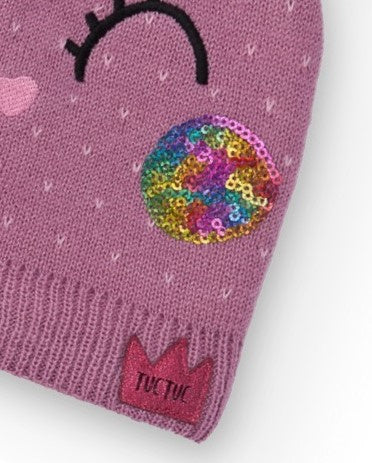 Gorro de punto para niña en color malva con diseño de unicornio