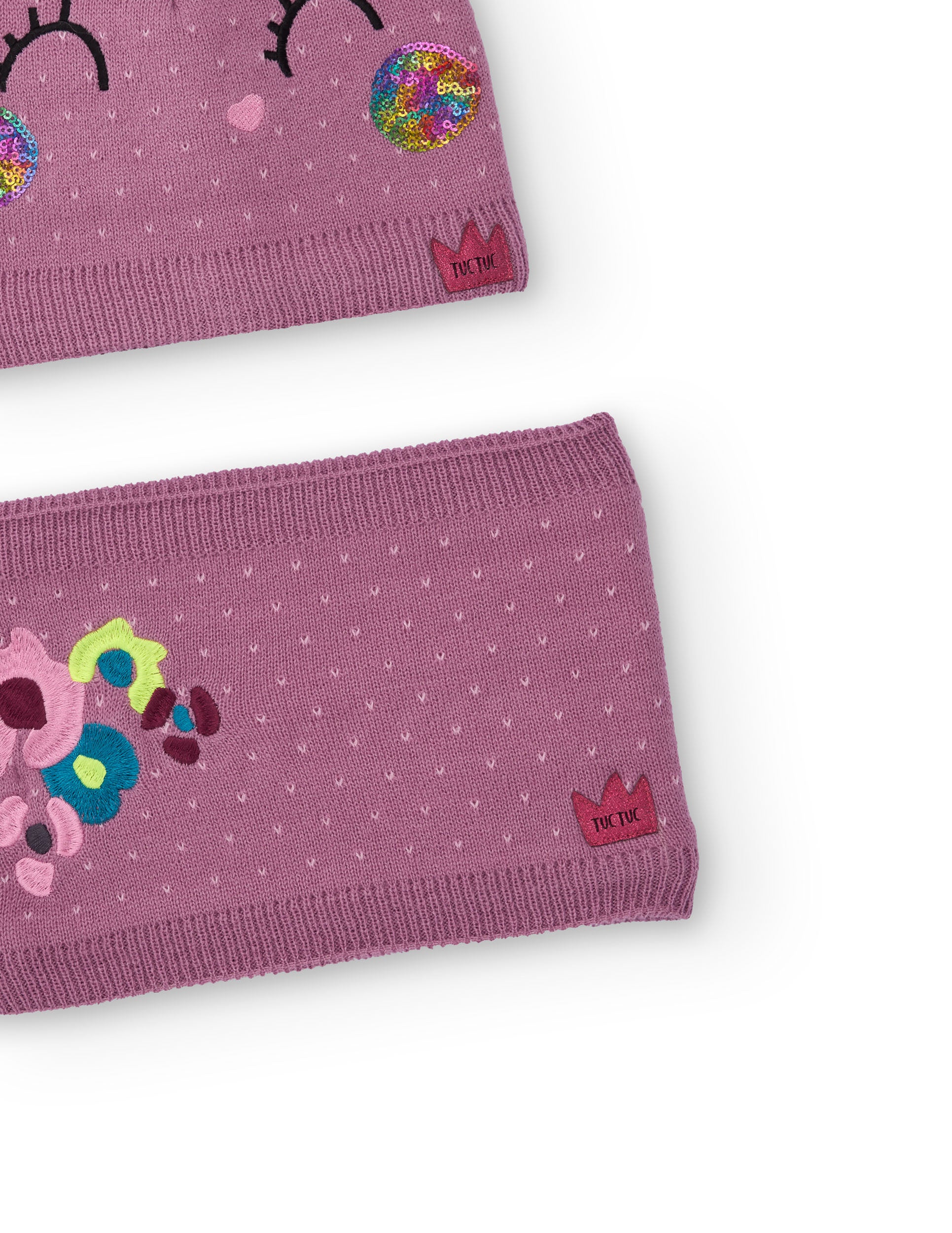 Pack de gorro y cuello de punto para niña en malva con diseño