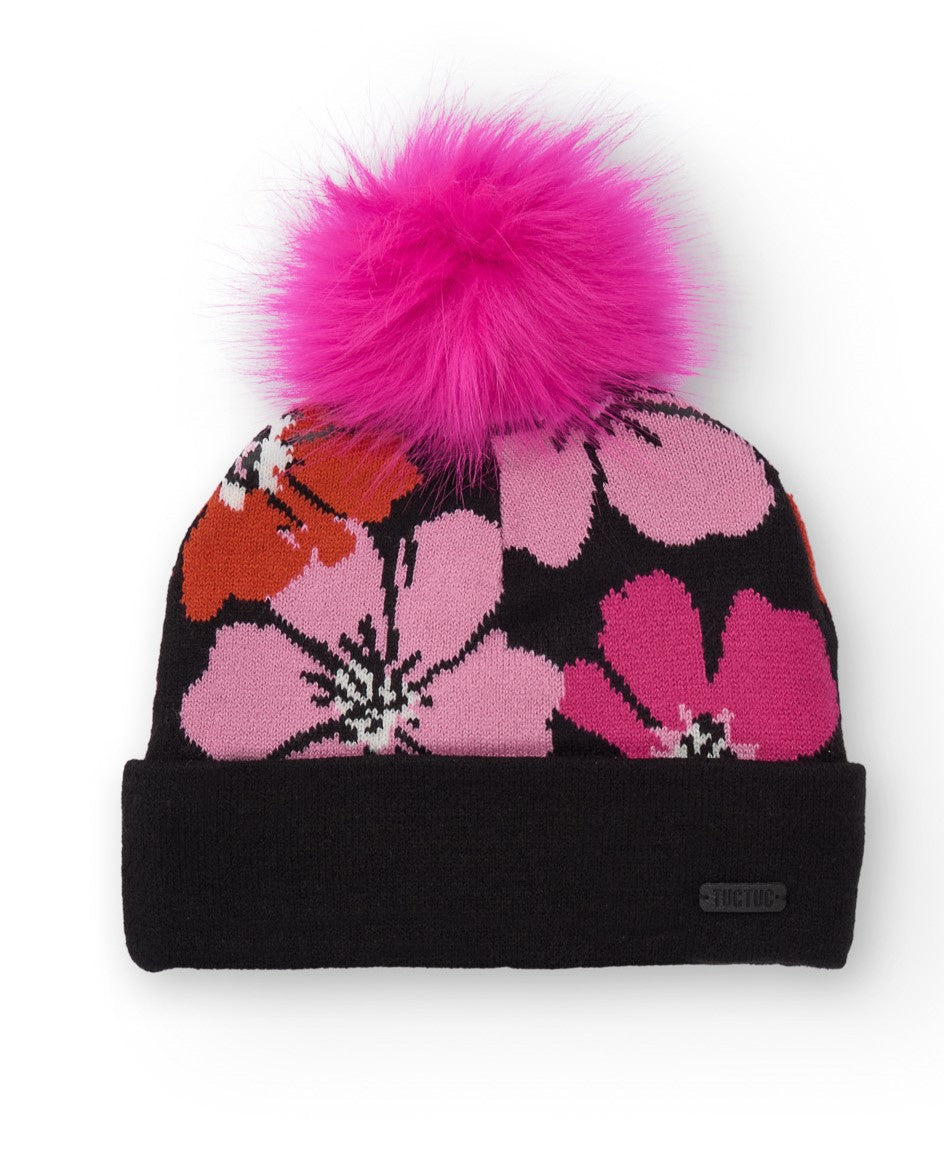 Gorro de niña negro con estampado floral y pompón rosa