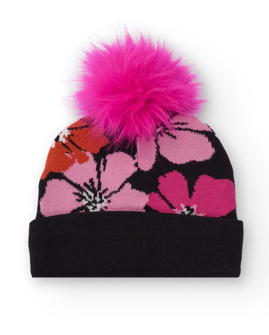 Gorro de niña negro con estampado floral y pompón rosa