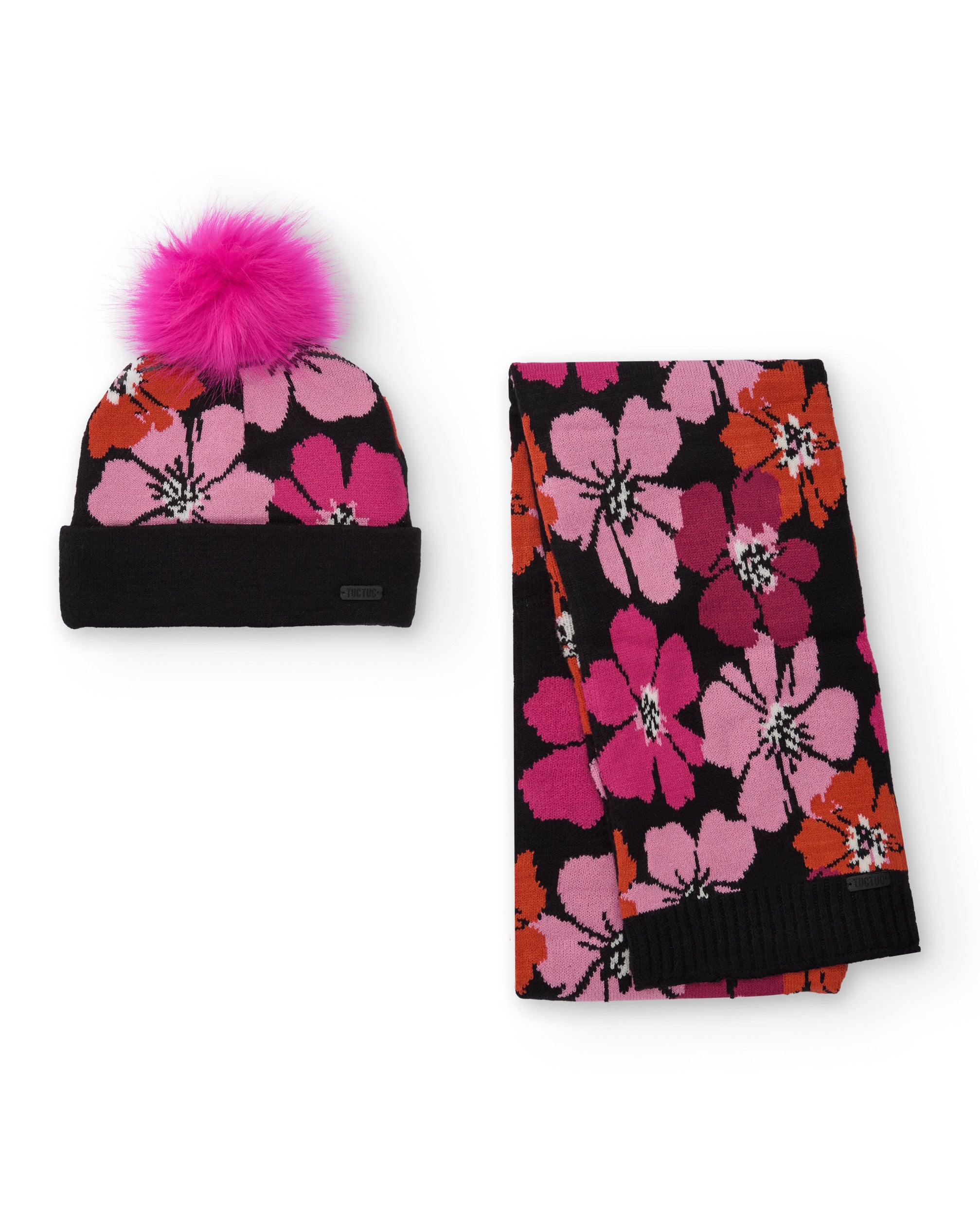 Conjunto de niña de gorro y bufanda con estampado floral fucsia