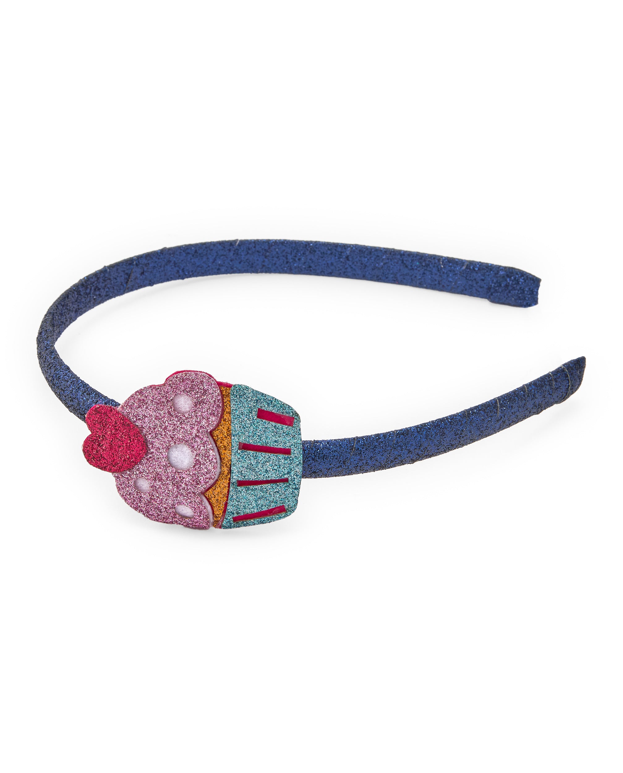 Diadema de niña en azul con aplique de cupcake brillante