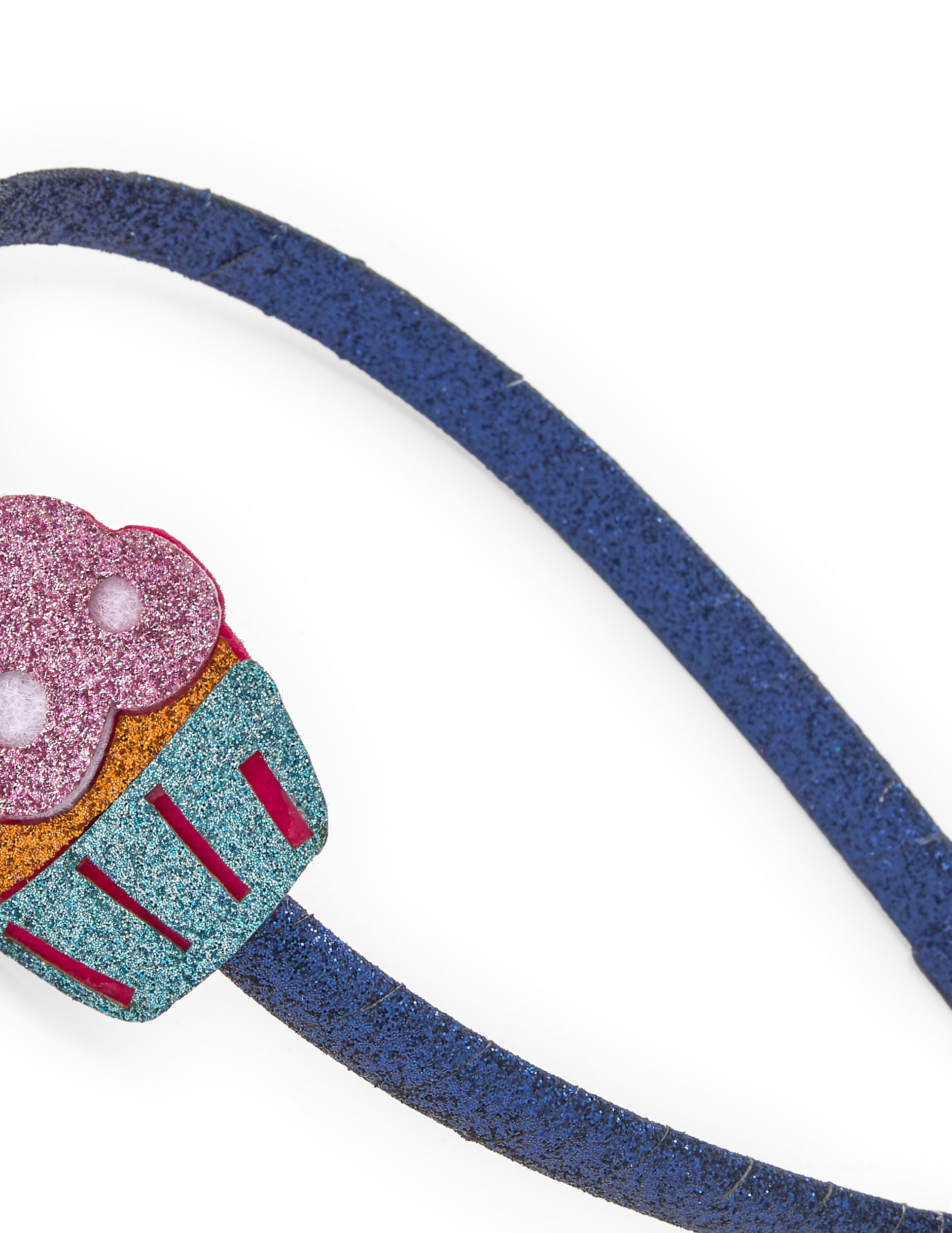 Diadema de niña en azul con aplique de cupcake brillante