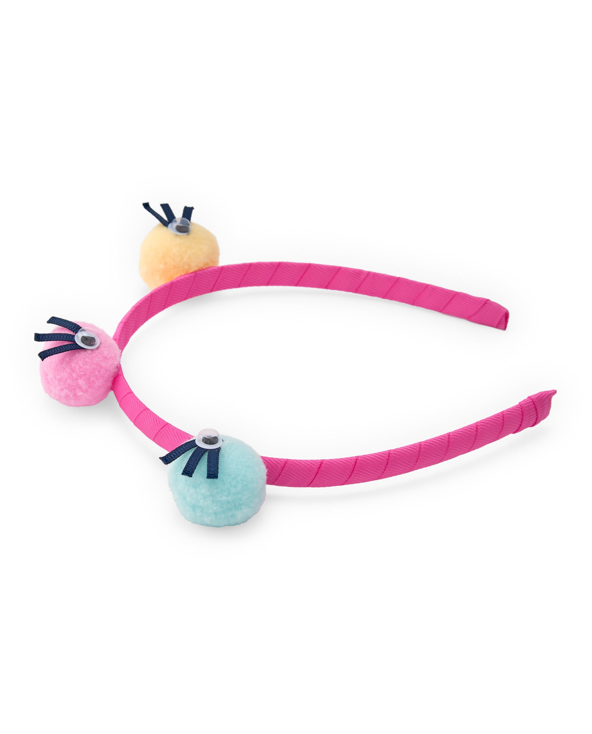 Diadema para niña color rosa con pompones multicolor y ojos