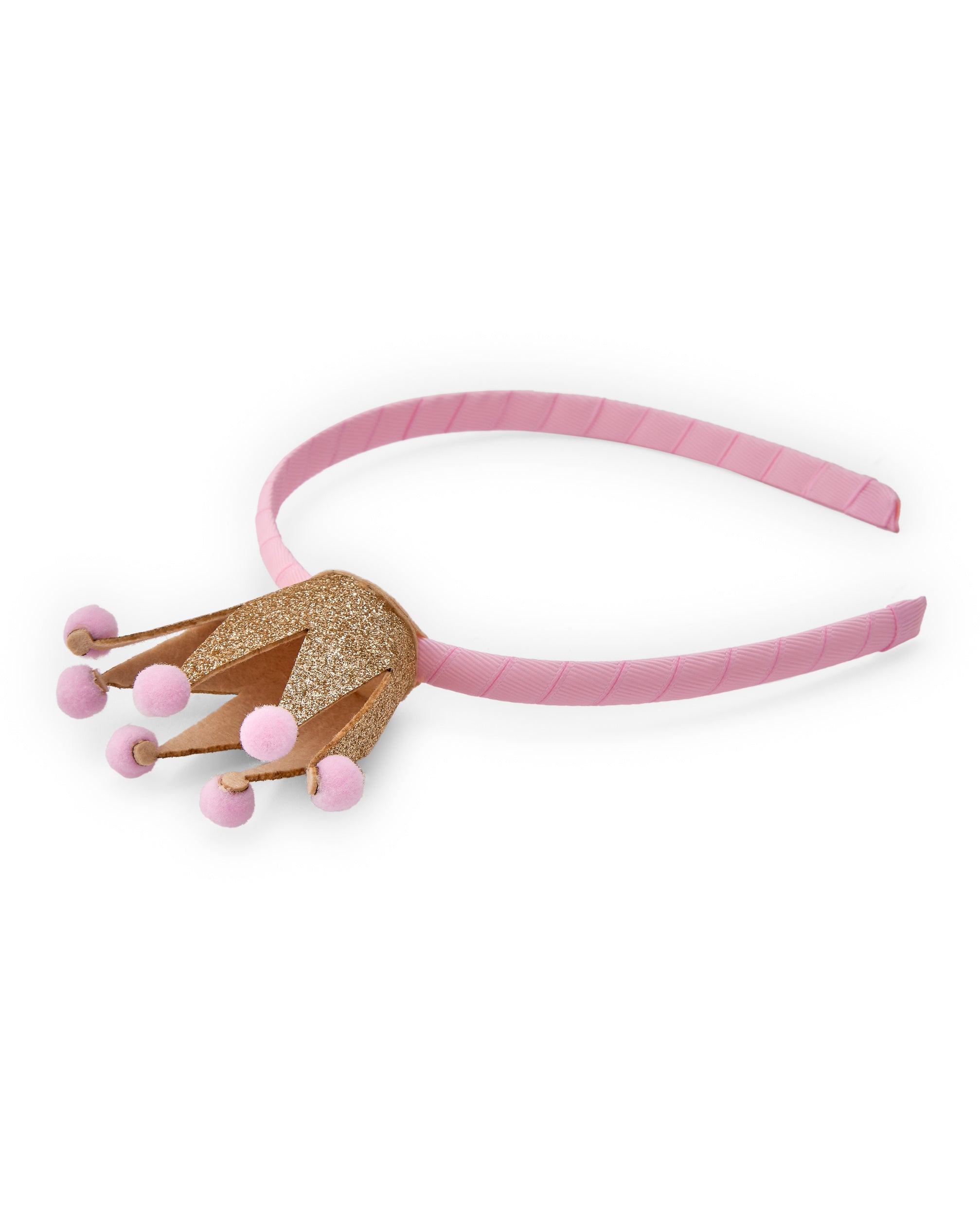 Diadema para niña color rosa con corona dorada y pompones