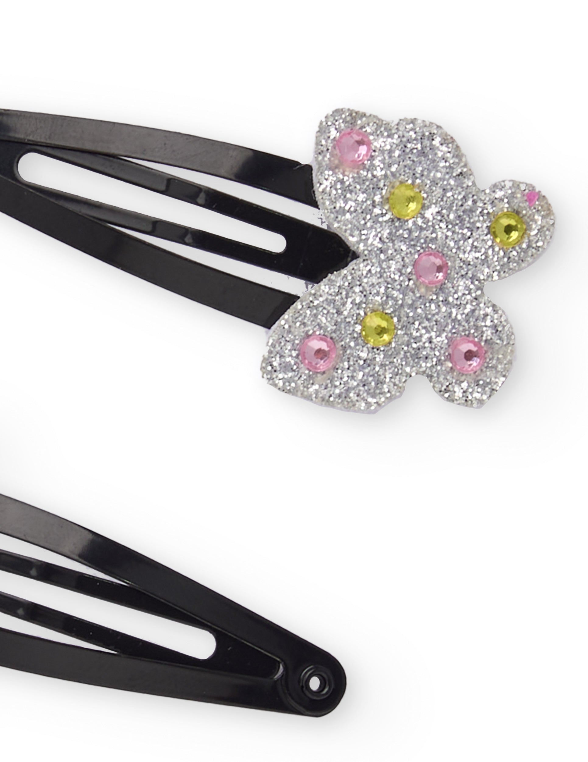 Pinzas para niña color negro con mariposas plateadas y piedras