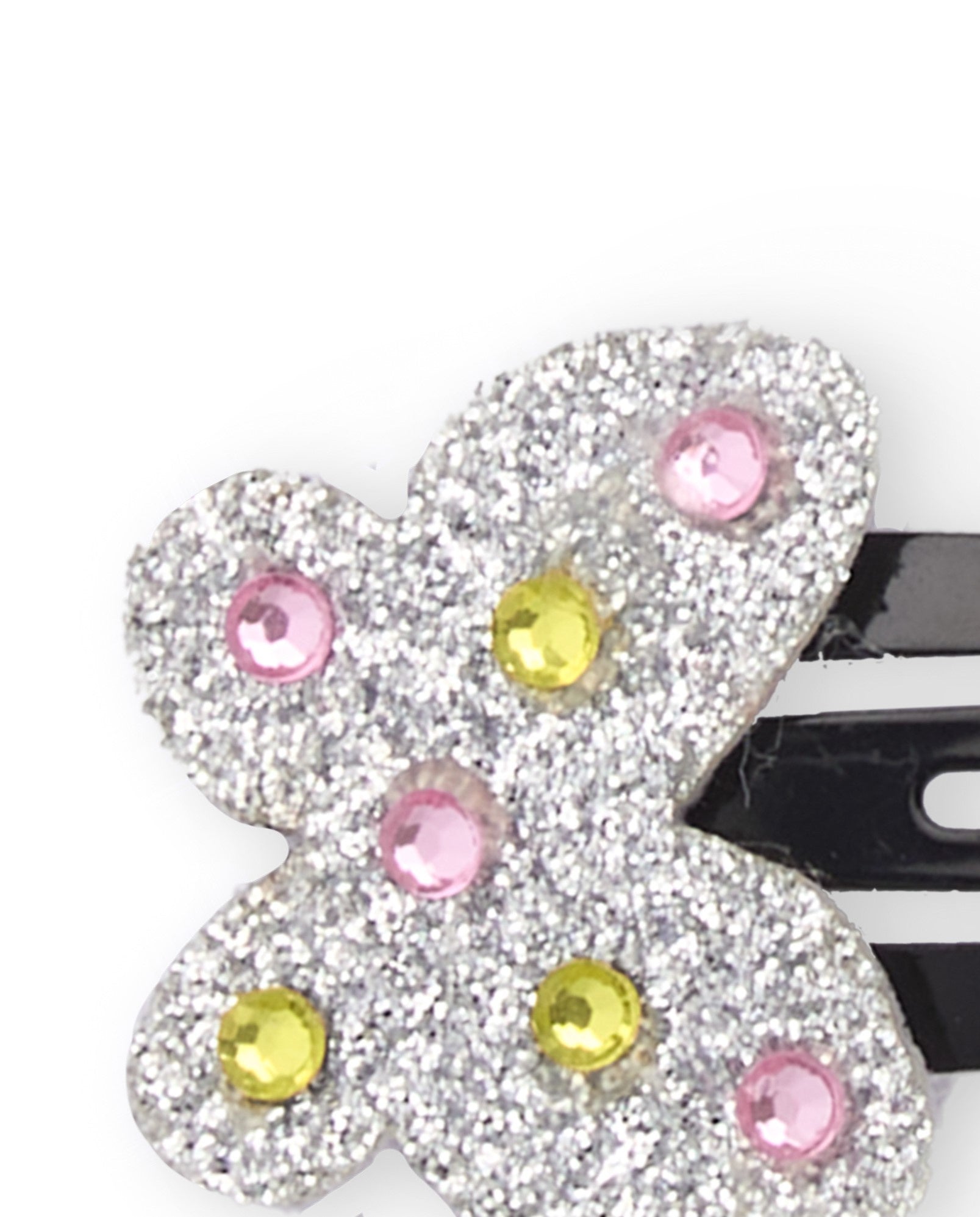 Pinzas para niña color negro con mariposas plateadas y piedras