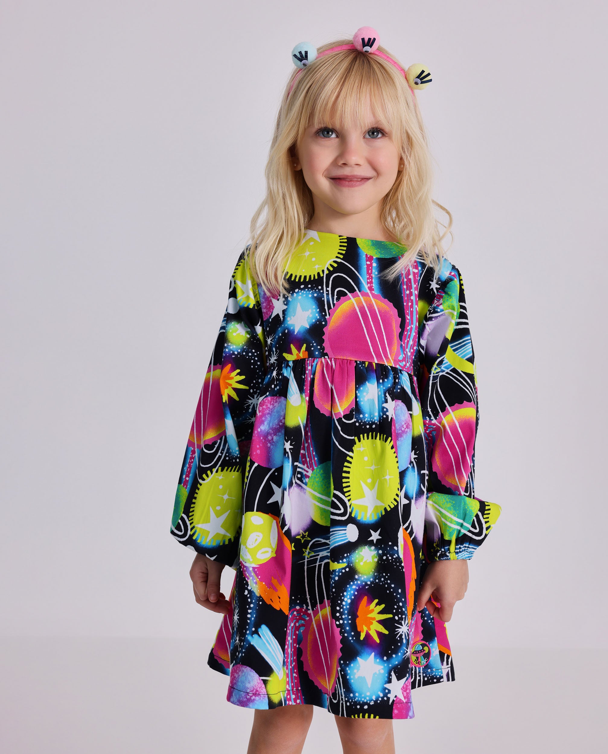 Vestido para niña de manga larga con estampado de planetas en