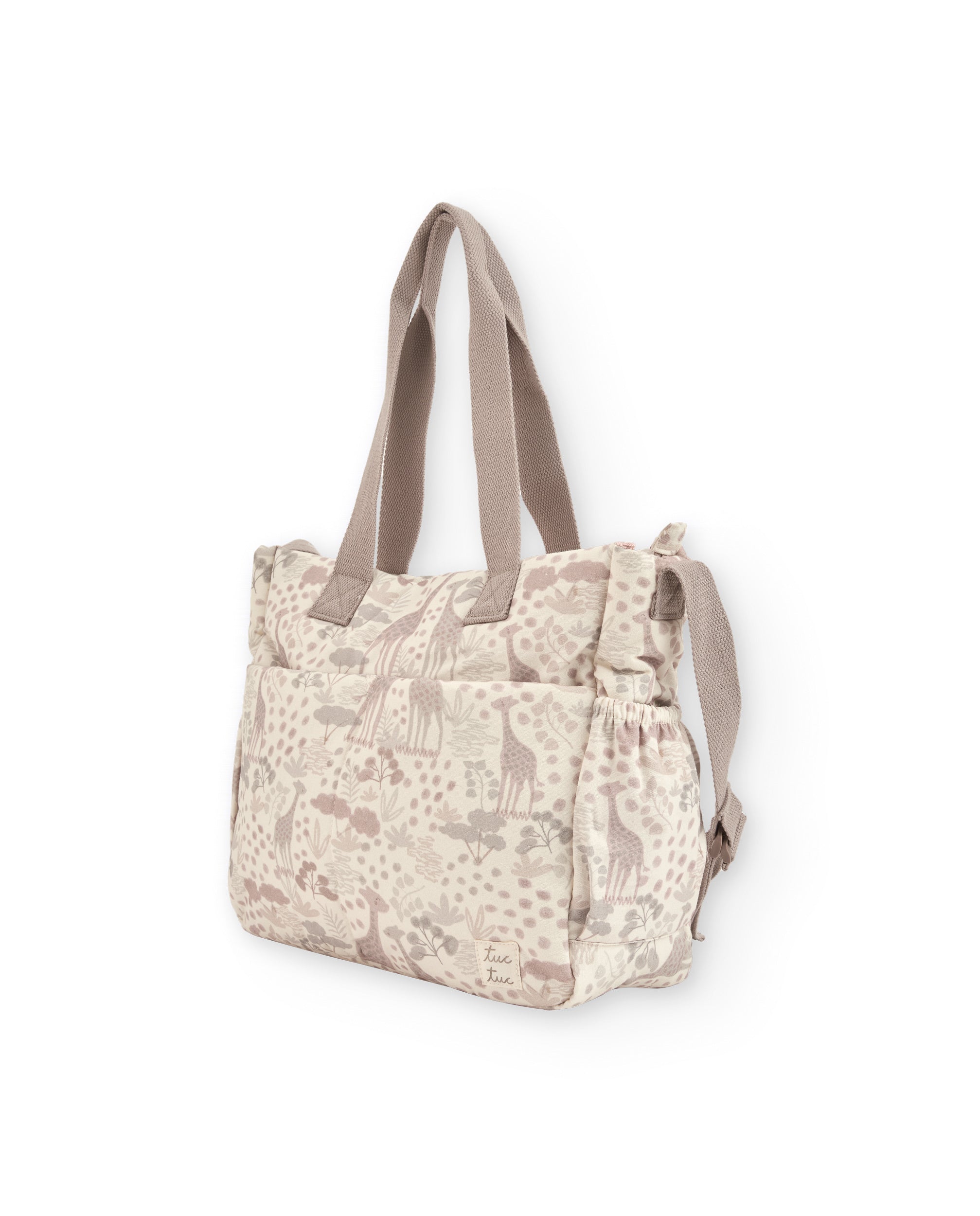 Bolso maternal con estampado de jirafas en tonos neutros