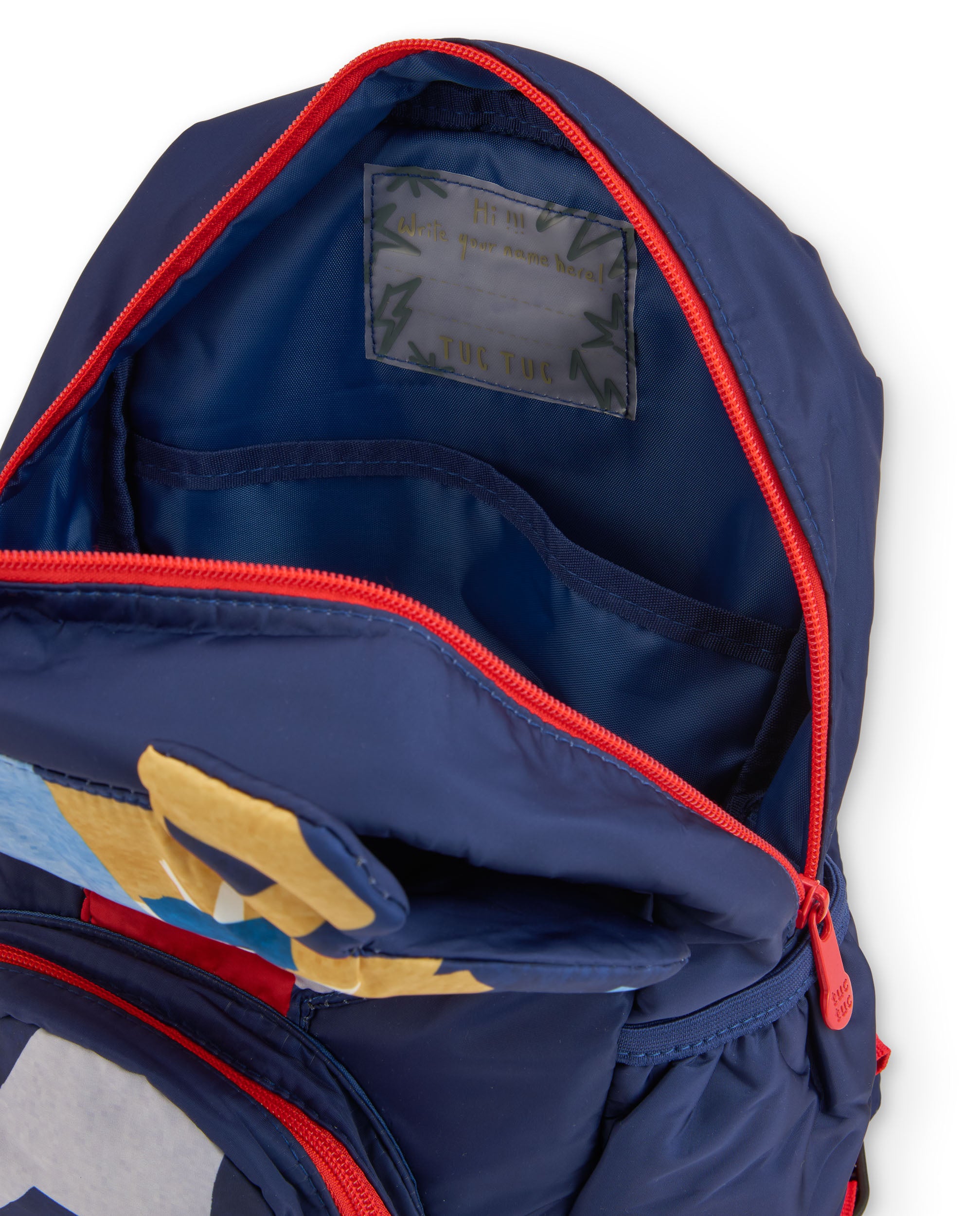 Mochila para niño azul con estampado de tigre y balón