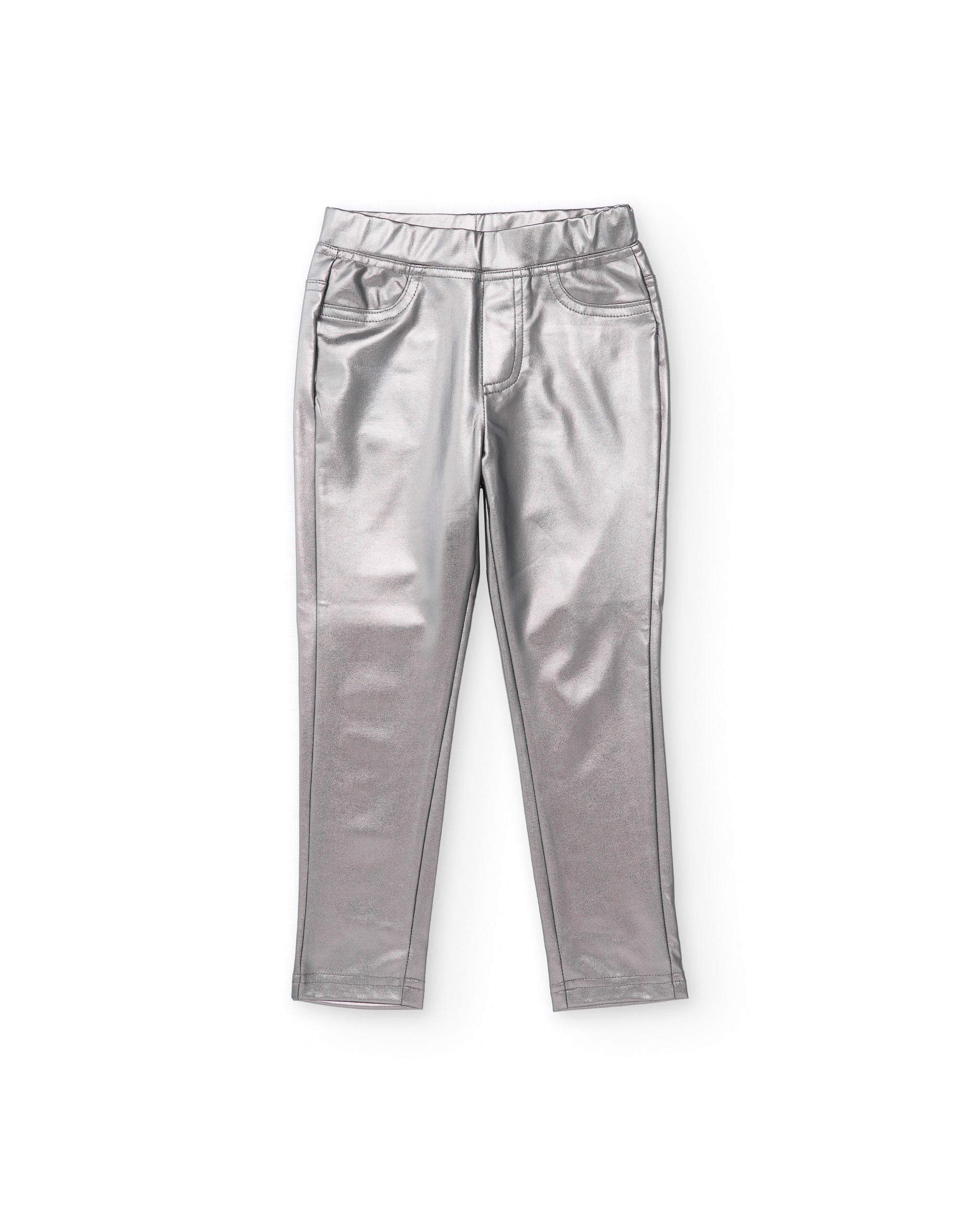 Pantalón de niña plateado con efecto metalizado y bolsillos