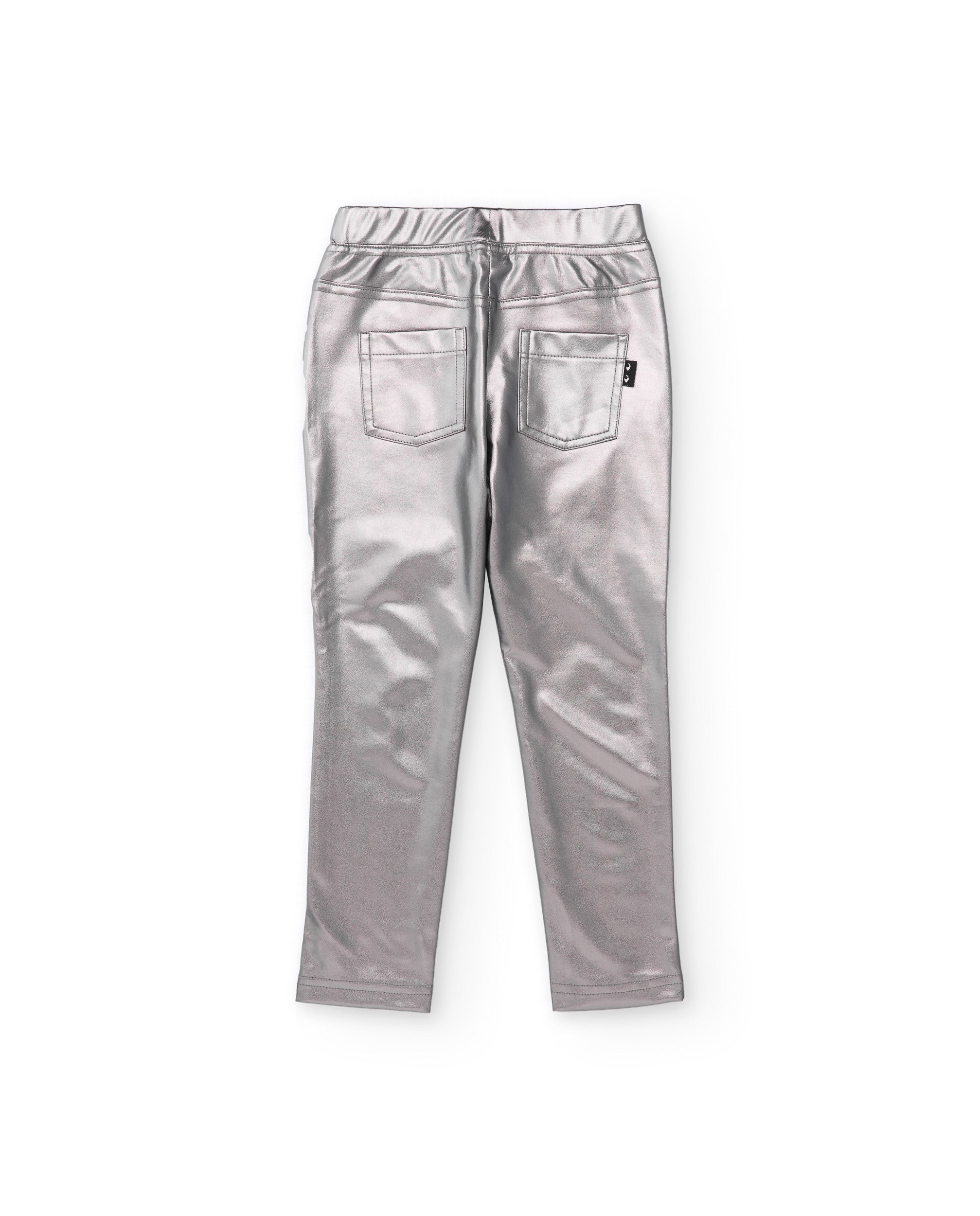 Pantalón de niña plateado con efecto metalizado y bolsillos