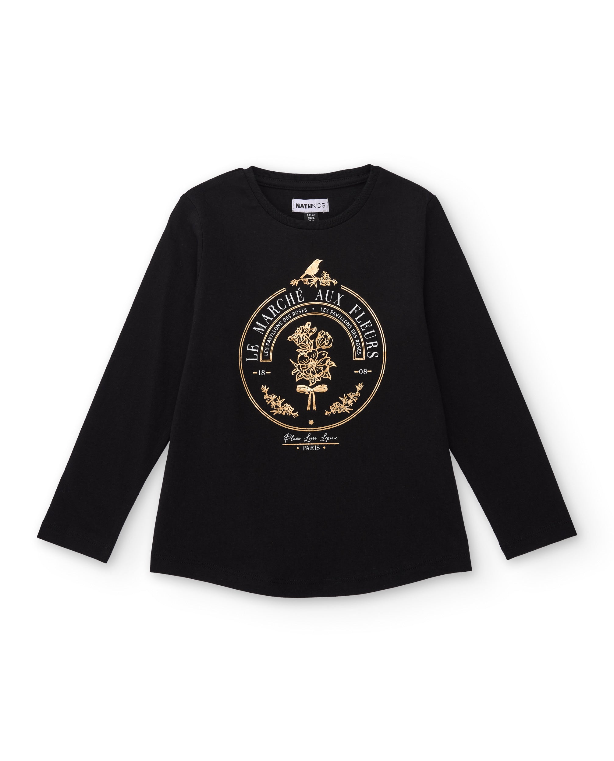 Camiseta negra de manga larga para niña con estampado dorado