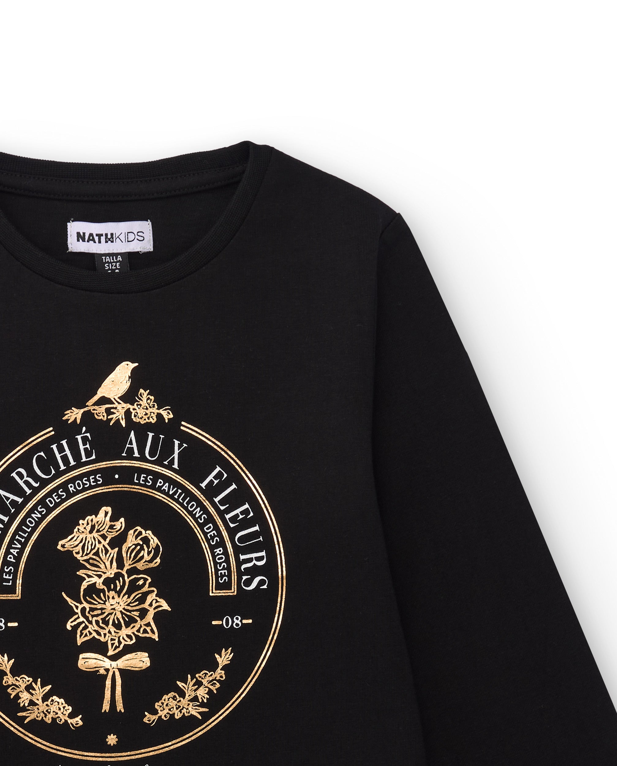 Camiseta negra de manga larga para niña con estampado dorado