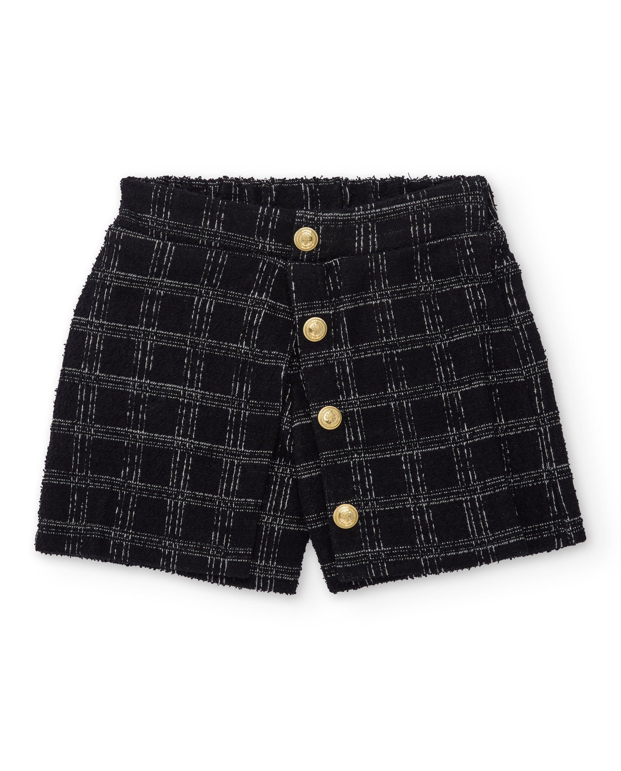 Short de niña en tweed negro con cuadros y botones dorados