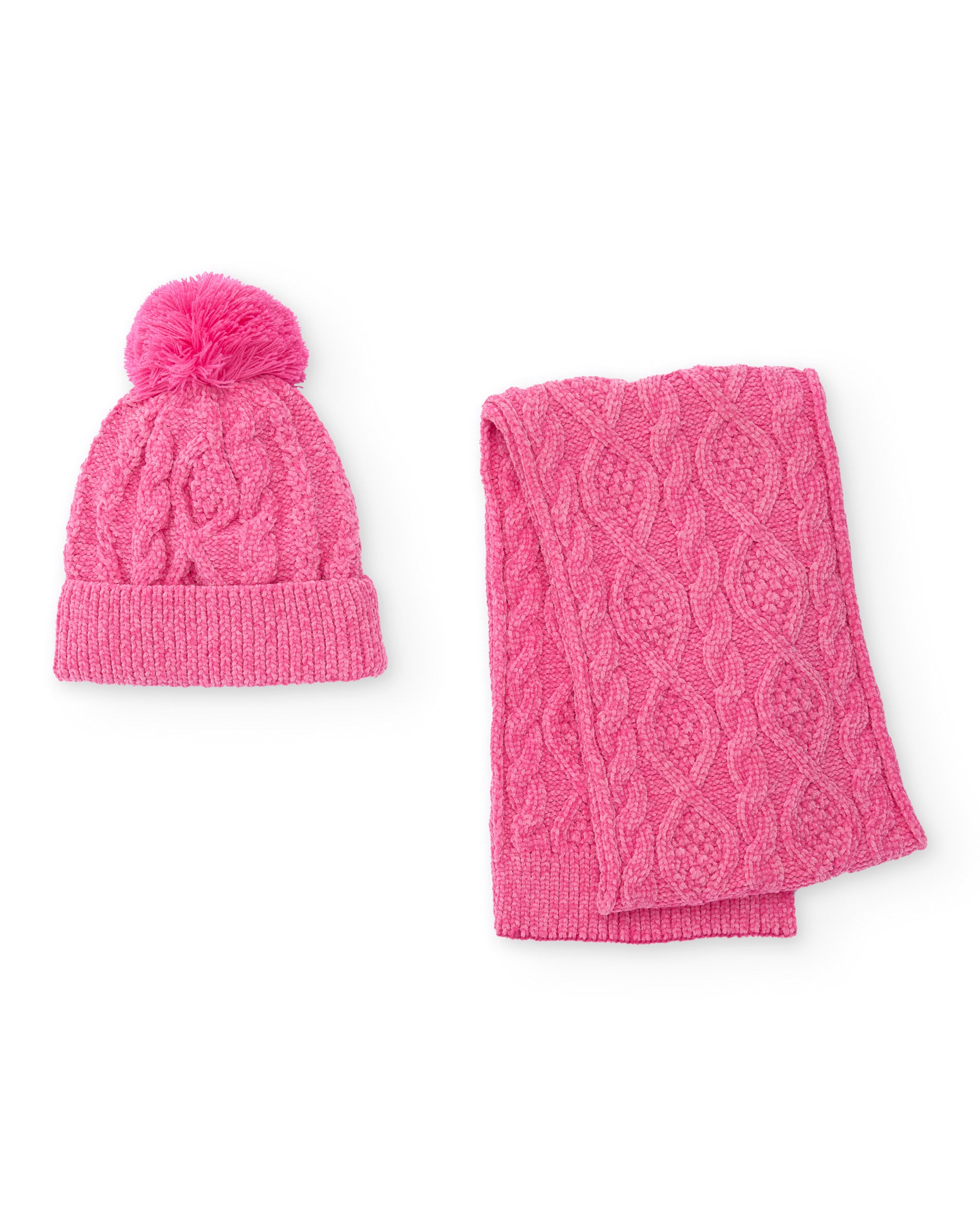 Set de niña gorro y bufanda rosa de punto trenzado con pompón