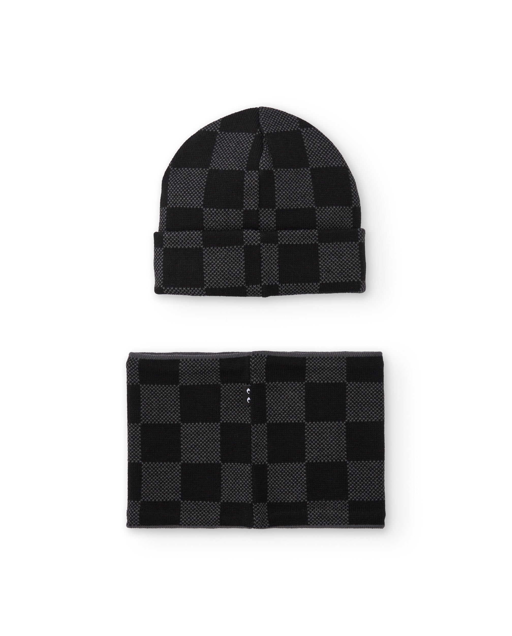 Set de gorro y braga de punto en cuadros negros y grises
