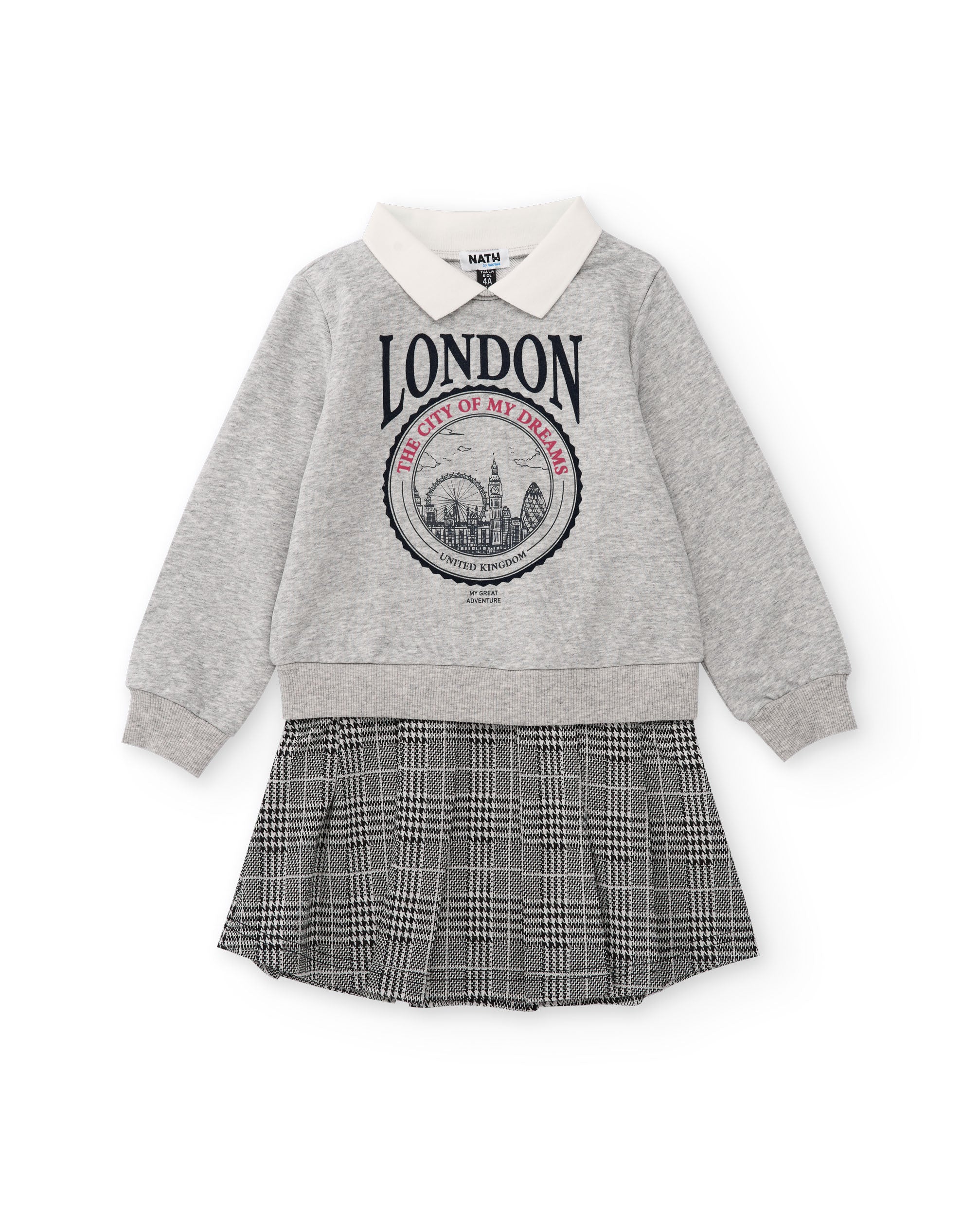 Vestido sudadera para niña color gris con cuello camisero y