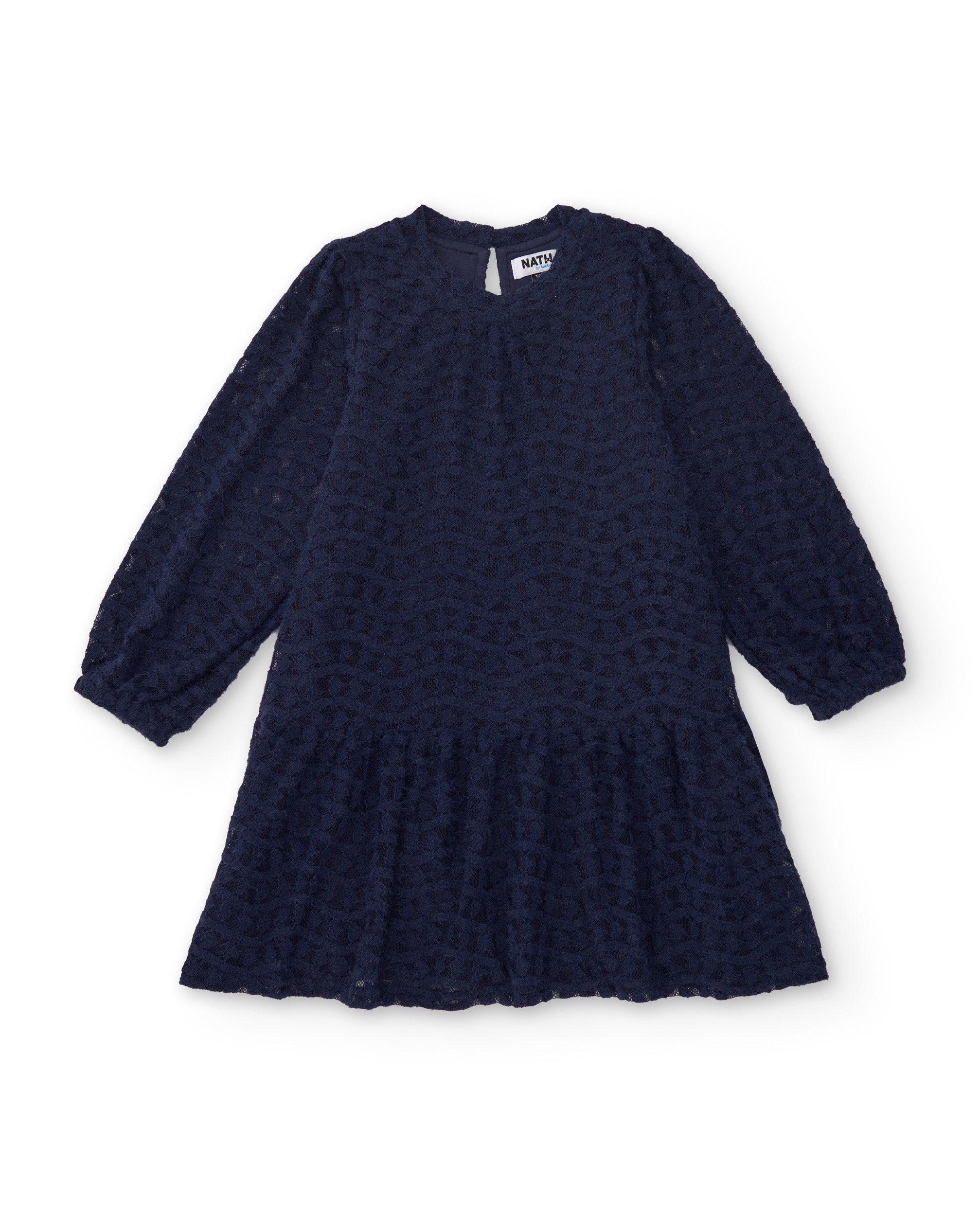Vestido de niña en azul marino con encaje y manga larga