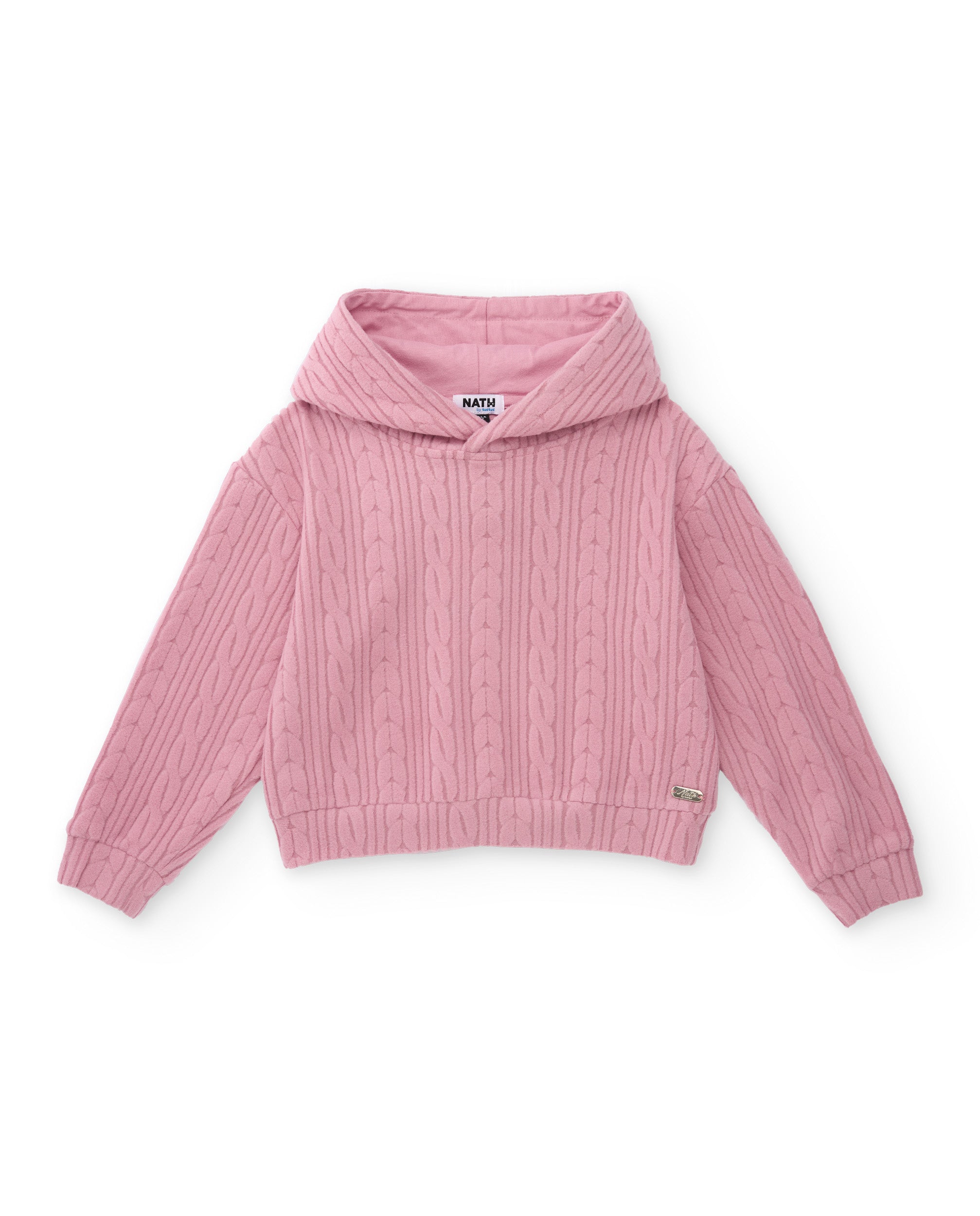 Sudadera de niña rosa con capucha y textura trenzada