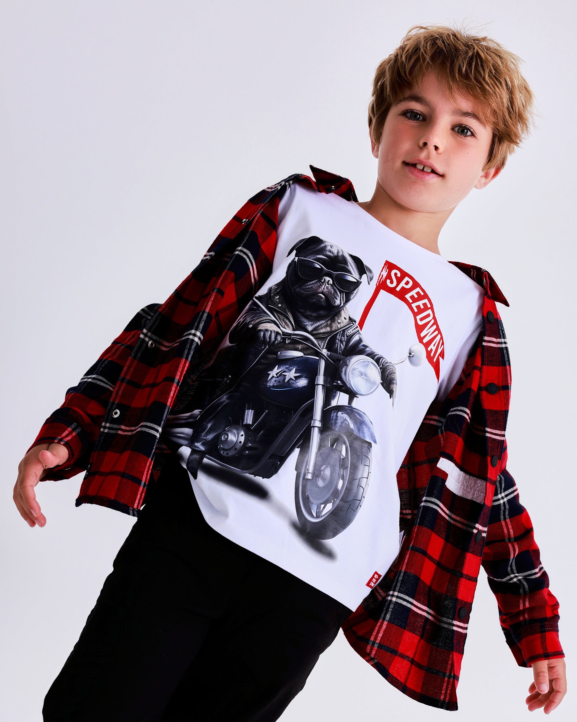 White long-sleeve t-shirt for boys with biker dog print