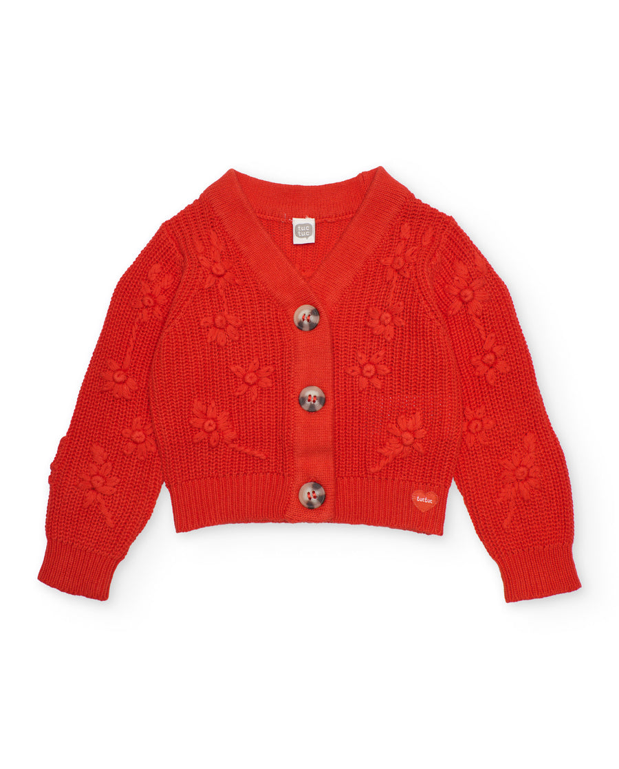 Chaqueta de niña de tricot y relieve de flores