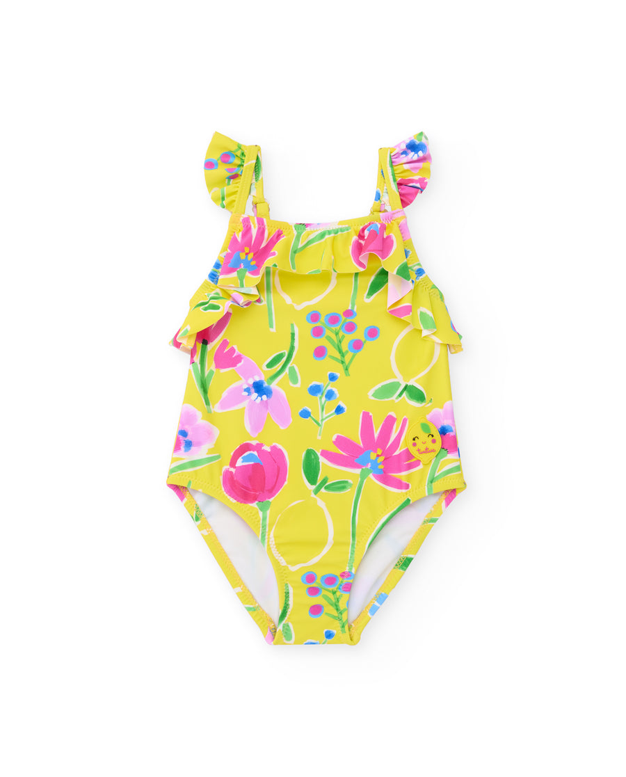 Bañador de niña de punto y volantes en tirantes