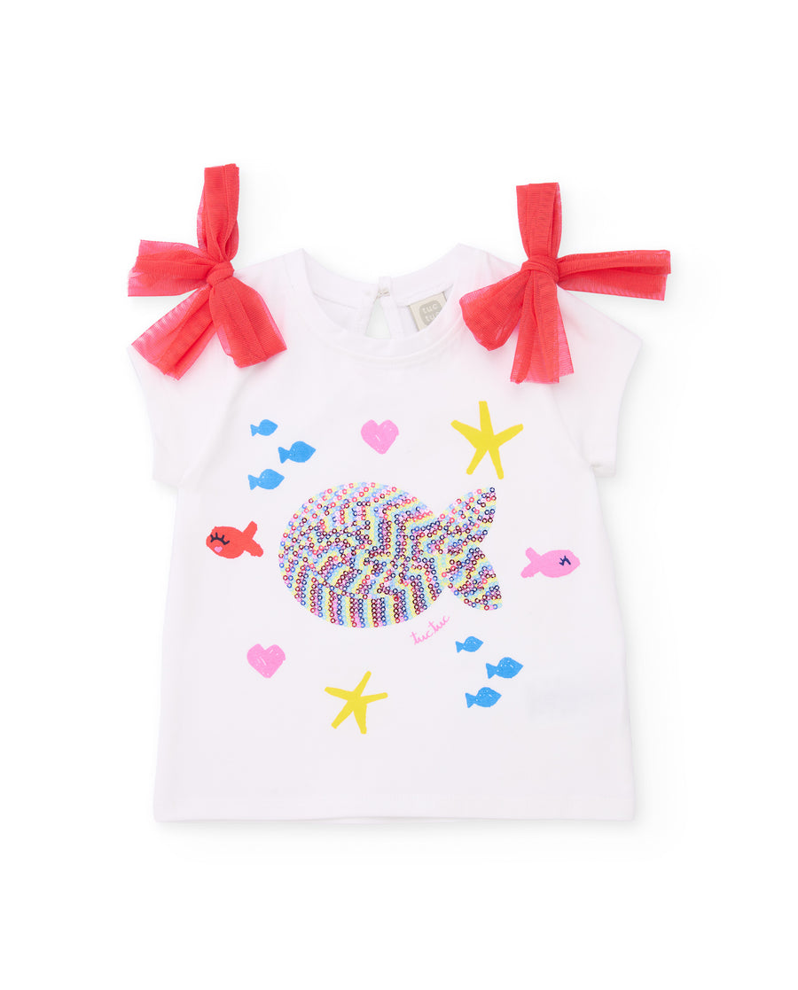 Camiseta de niña de punto con pez frontal