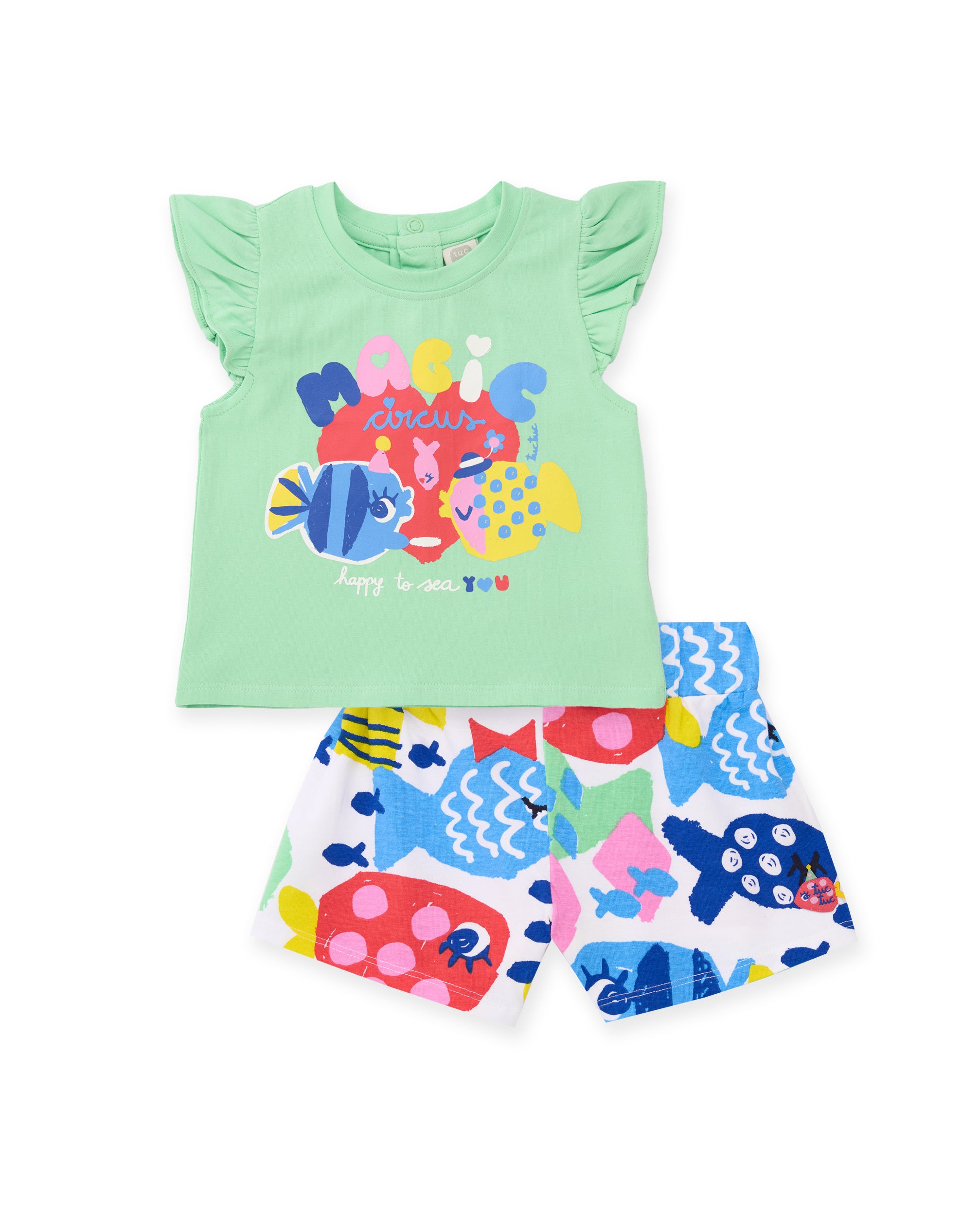 Conjunto de niña de punto y volantes en mangas