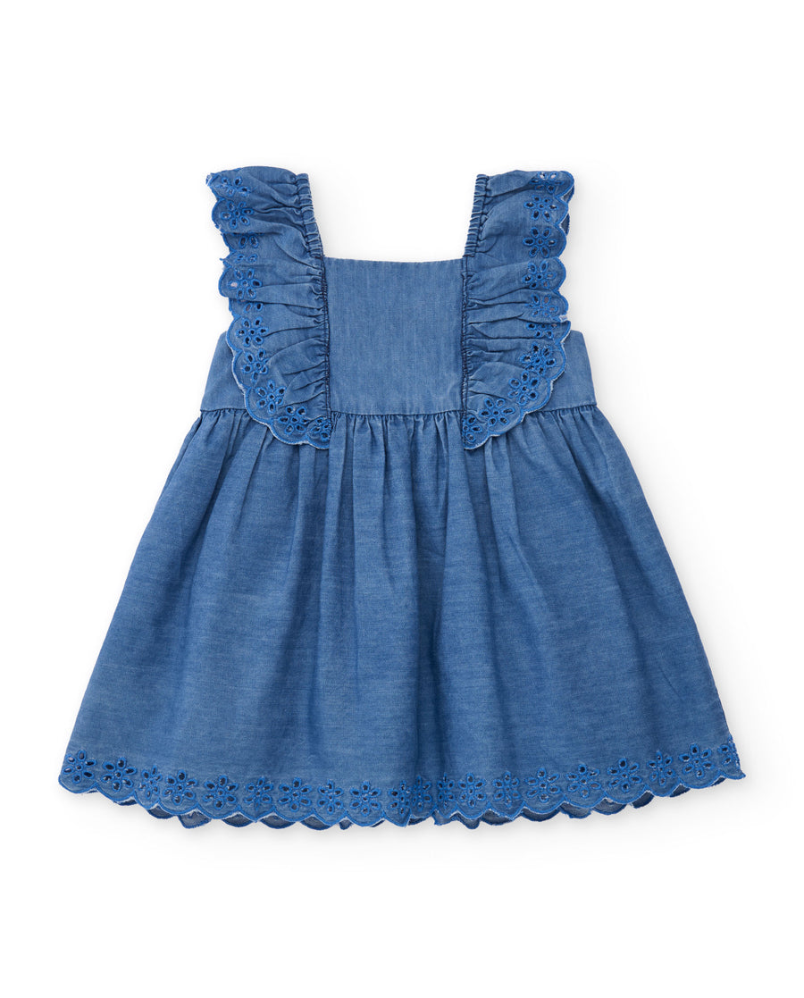 Vestido de niña de plana y volantes con bordado floral