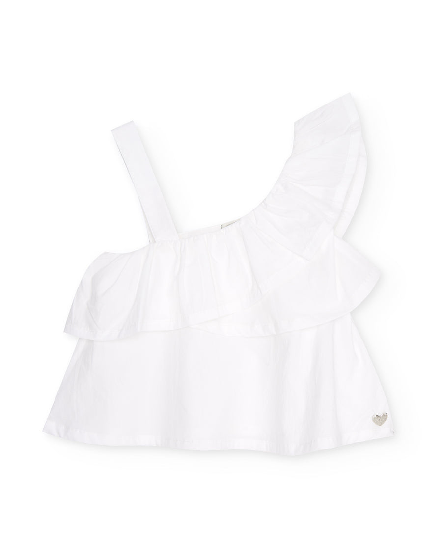 Blusa de niña de plana de diseño asimétrico con volante