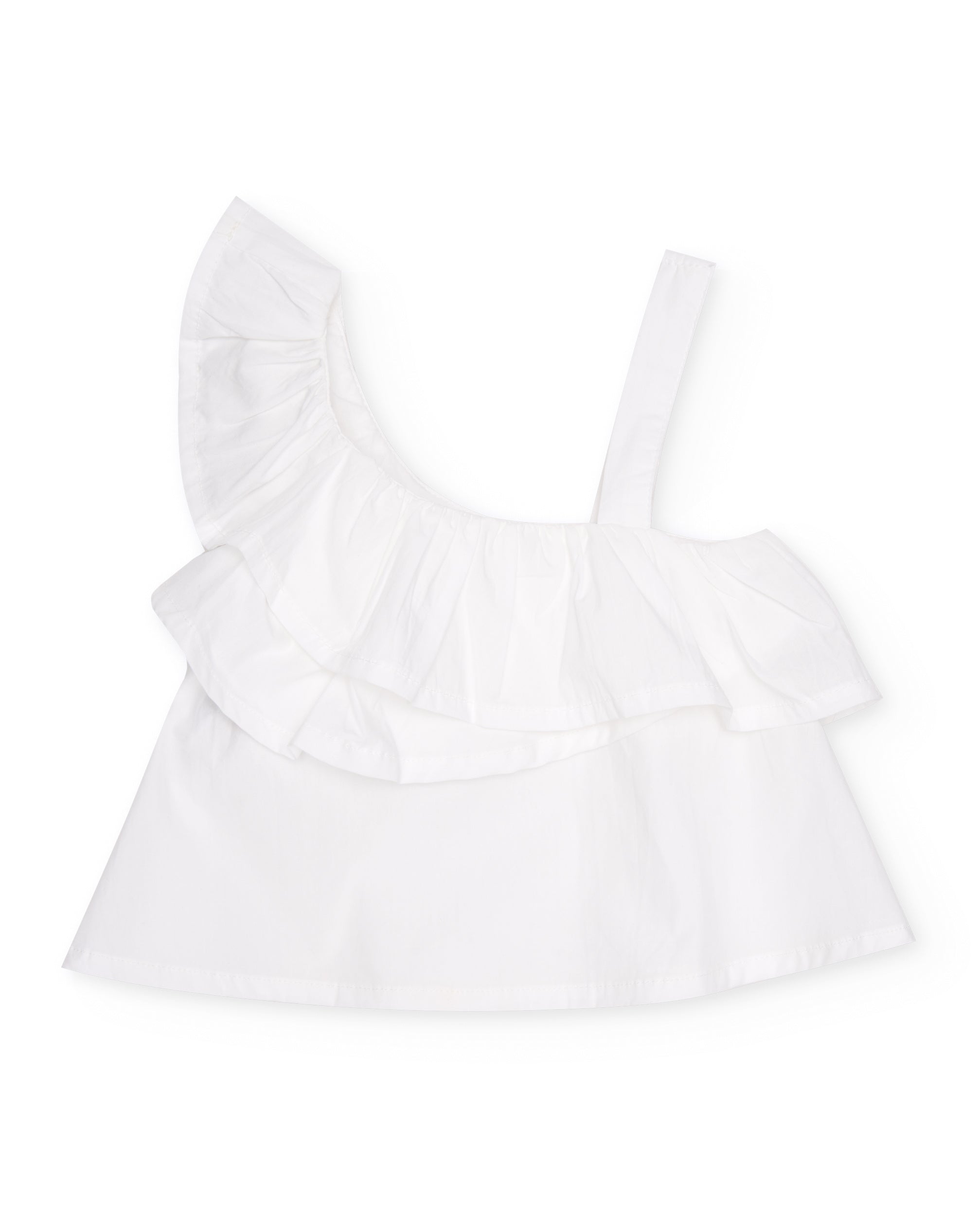 Blusa de niña de plana de diseño asimétrico con volante
