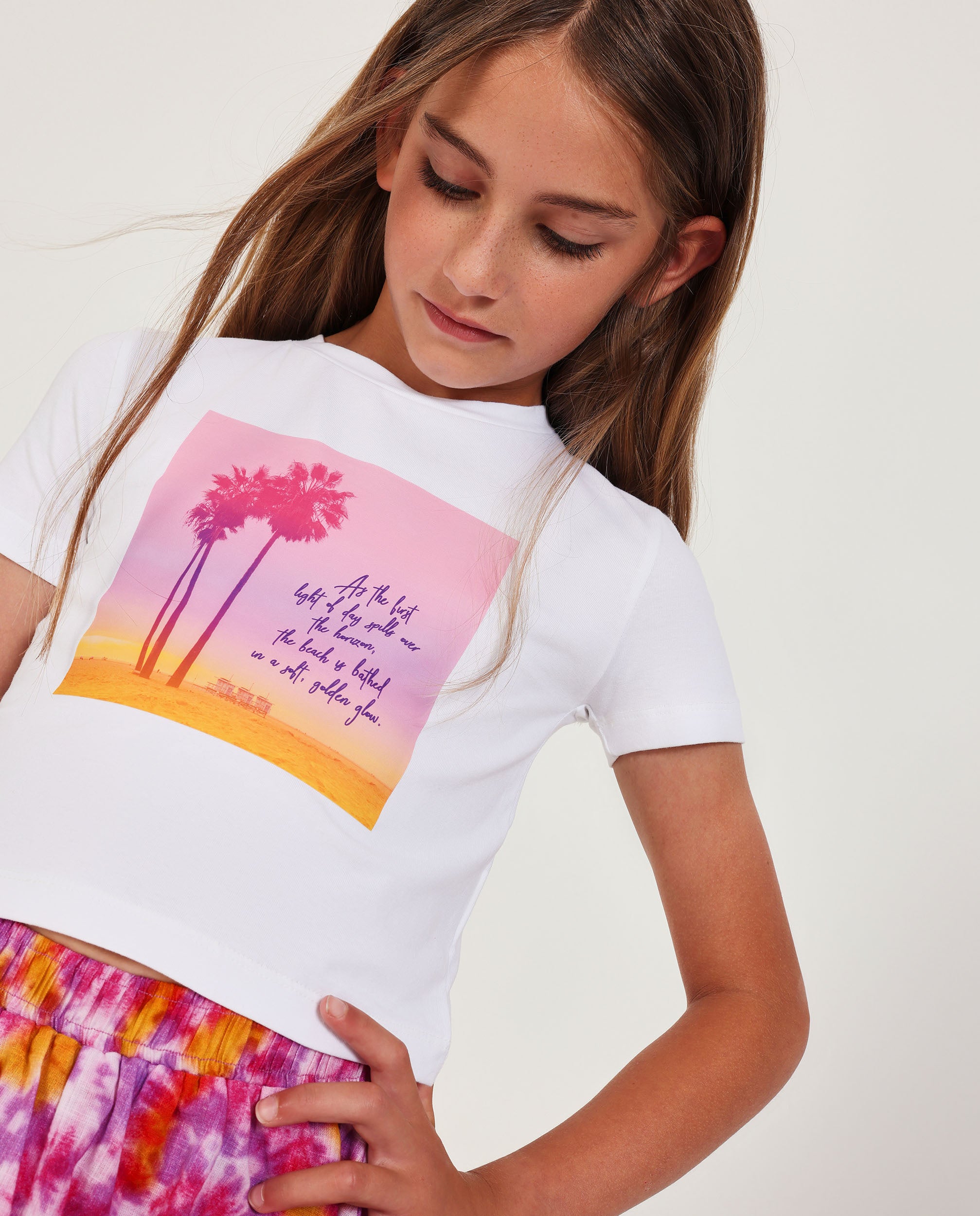 Camiseta de niña de punto con ilustración de palmera