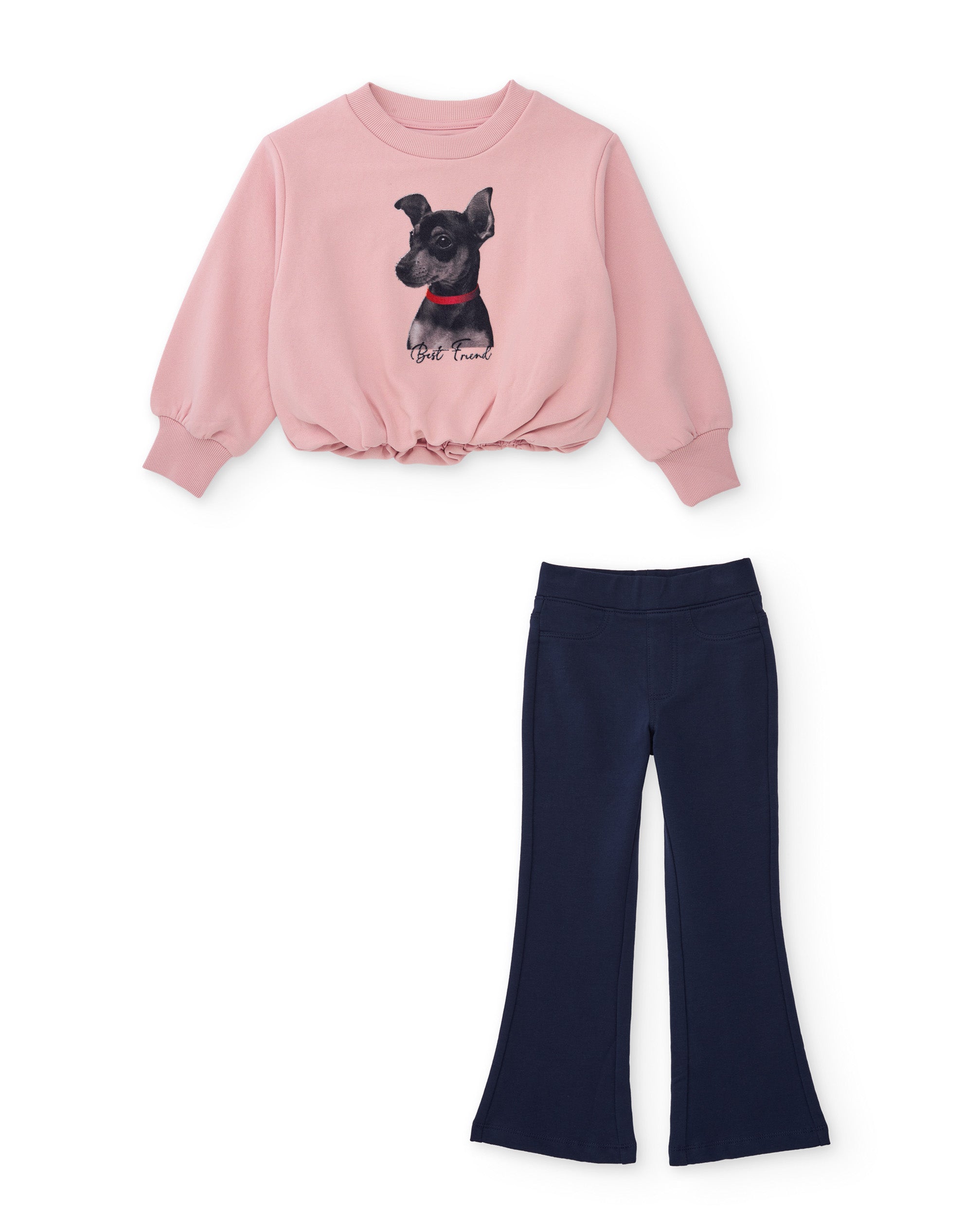 Conjunto de niña con sudadera de diseño perrito y leggings de punto acampanados