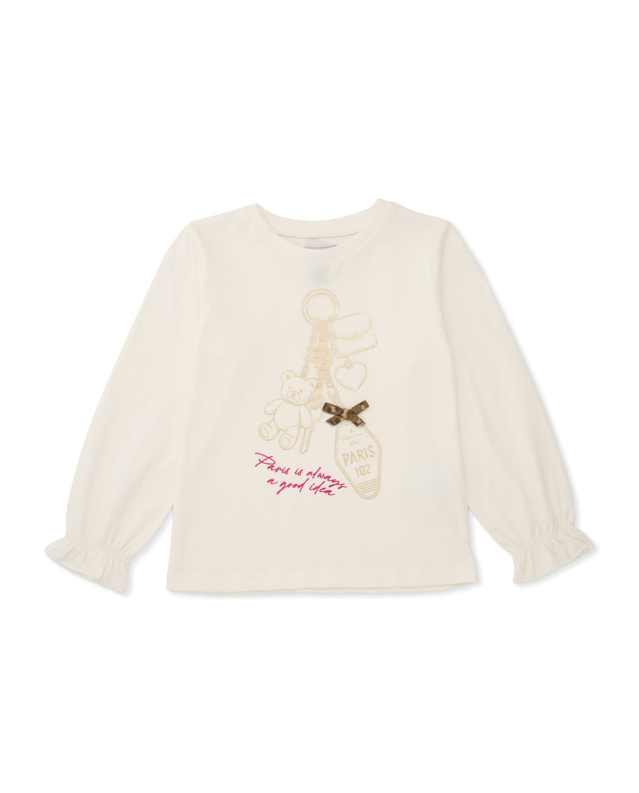 Girls’ knit T-shirt with a Parisian illustration and decorative bow
