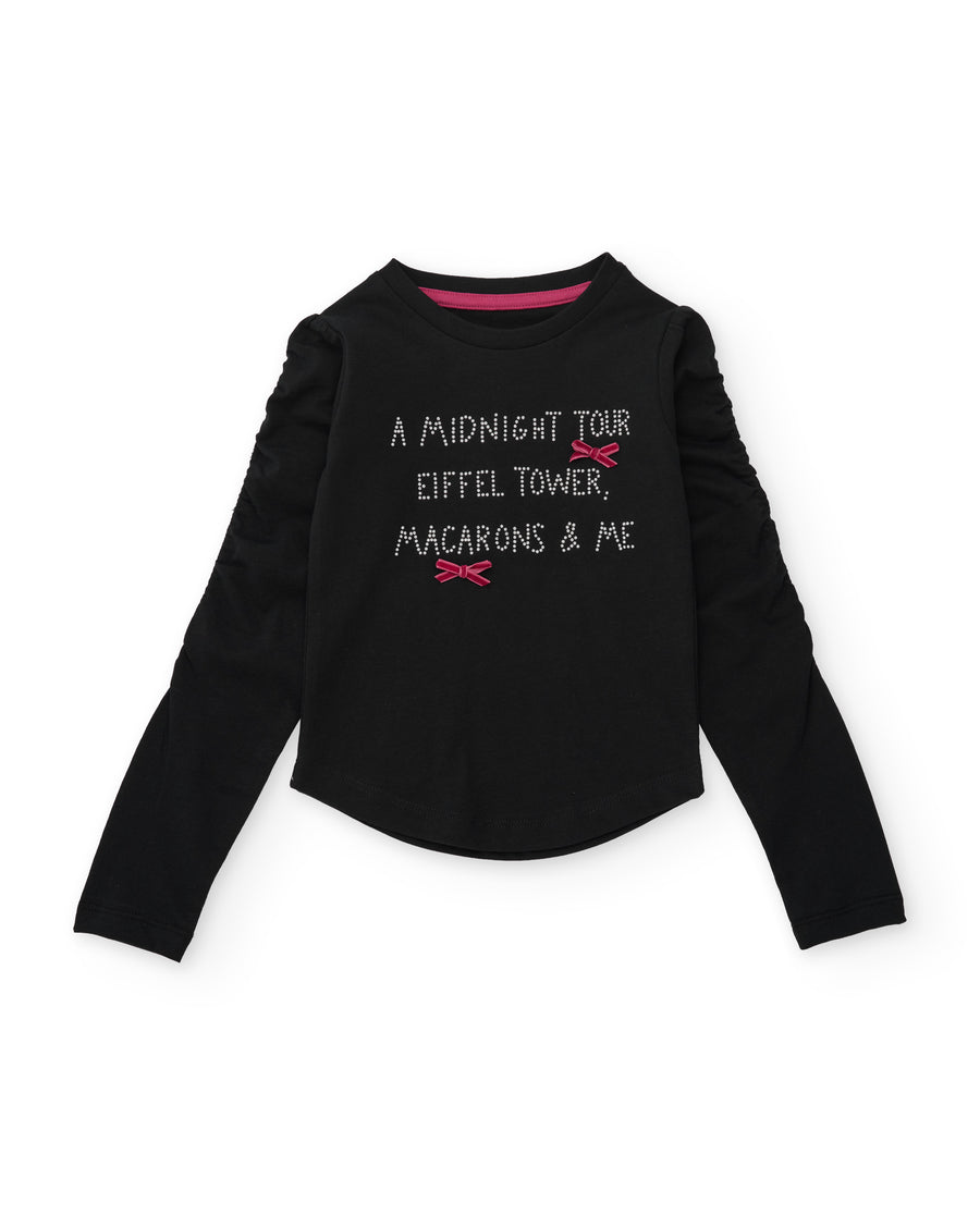 Girls’ knit T-shirt with glittering lettering and fuchsia bows