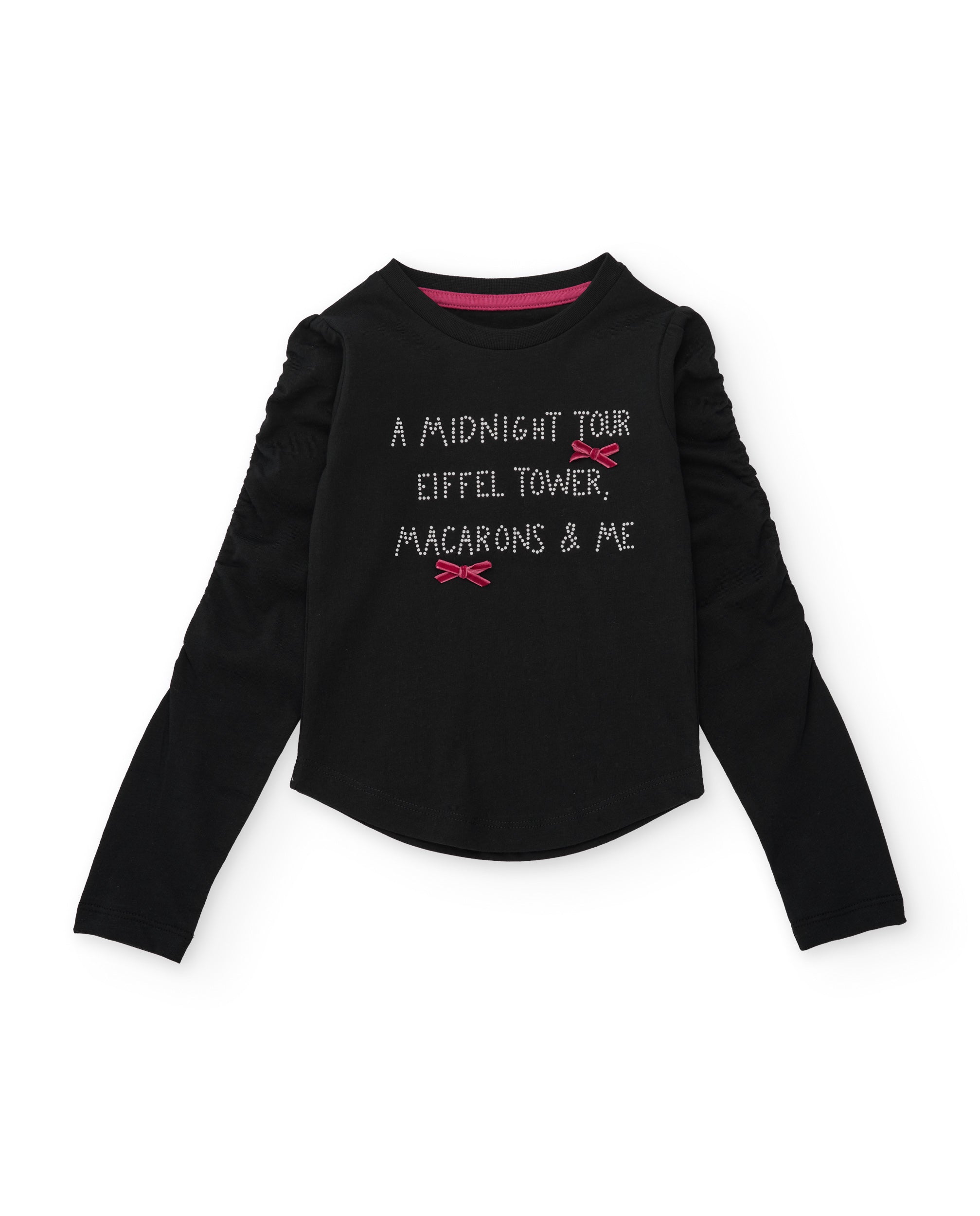 Camiseta de niña de punto con letras brillantes y lazos en fucsia