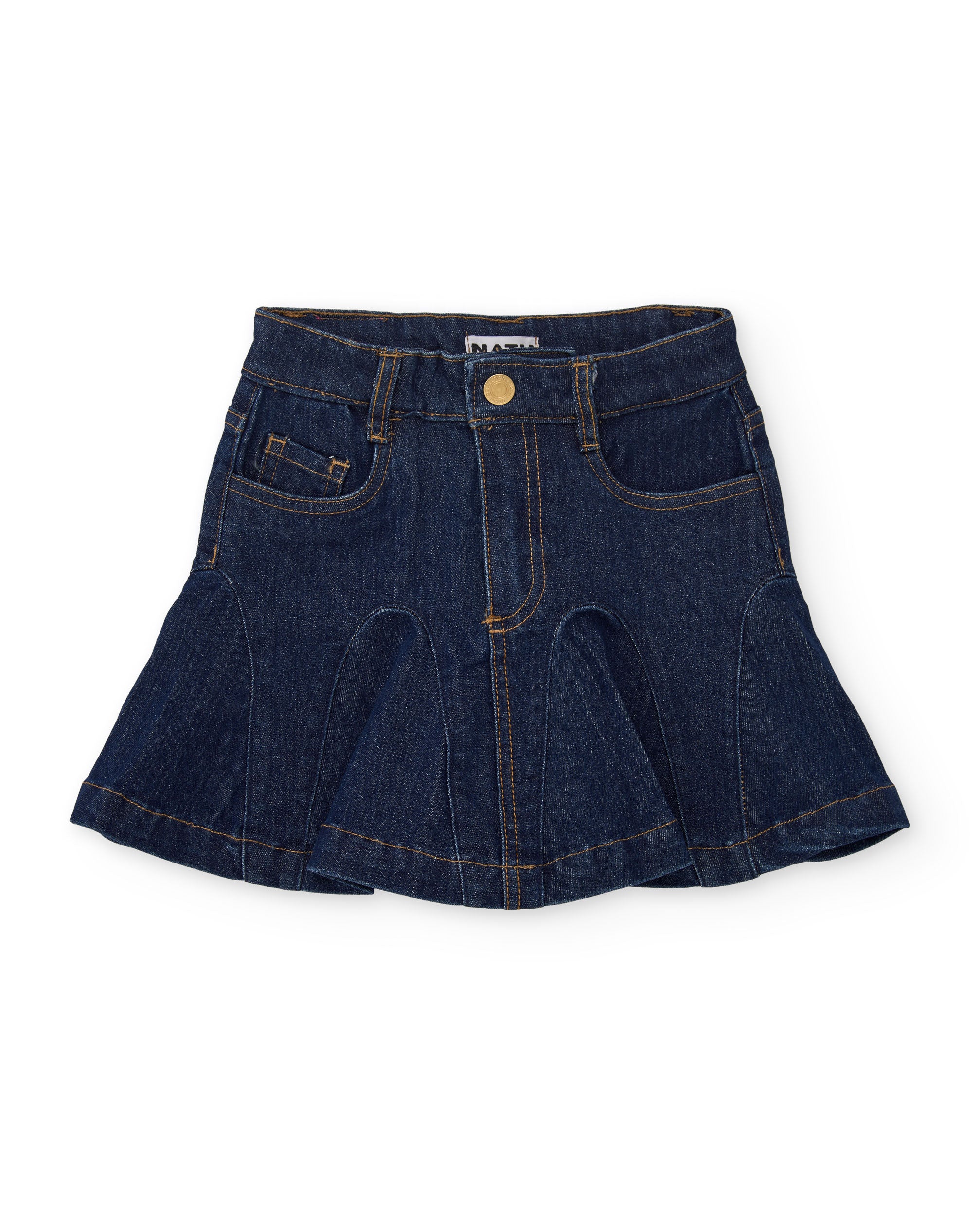 Falda de niña de denim con corte evasé y botón en la cintura