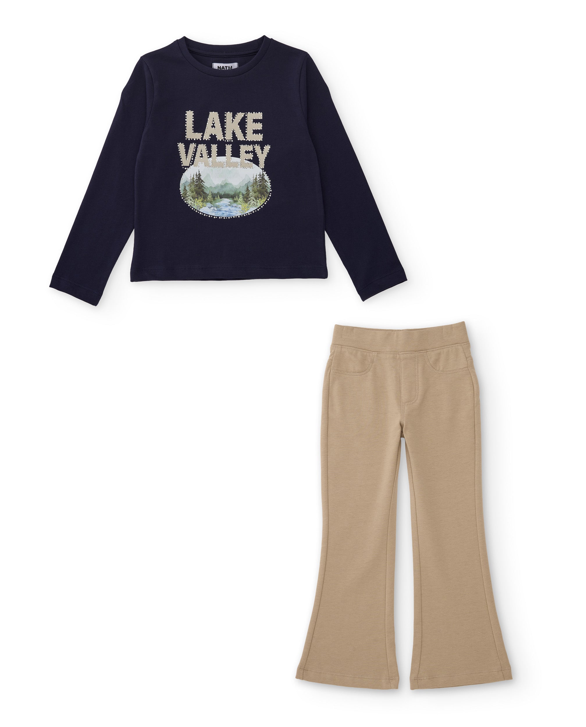 Conjunto de niña de punto con camiseta estampada y leggings acampanados
