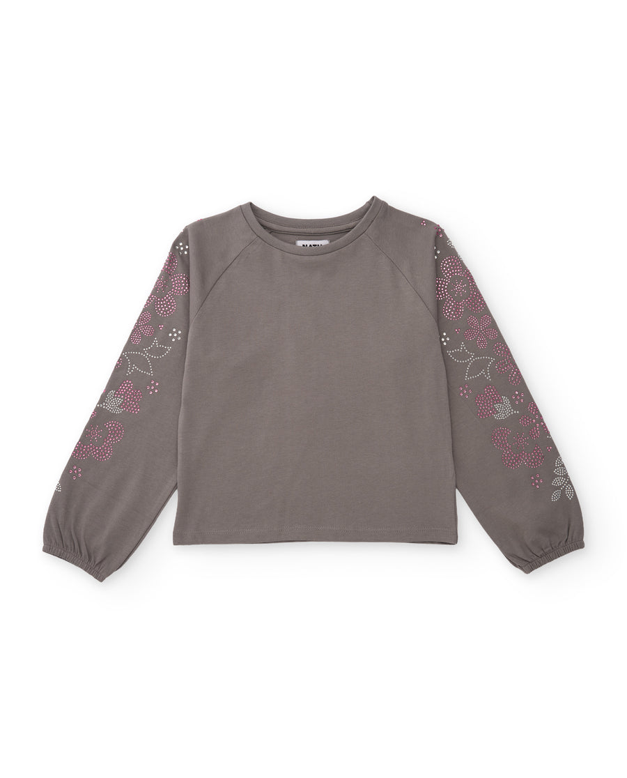 Girls' knit T-shirt with floral print on the sleeves