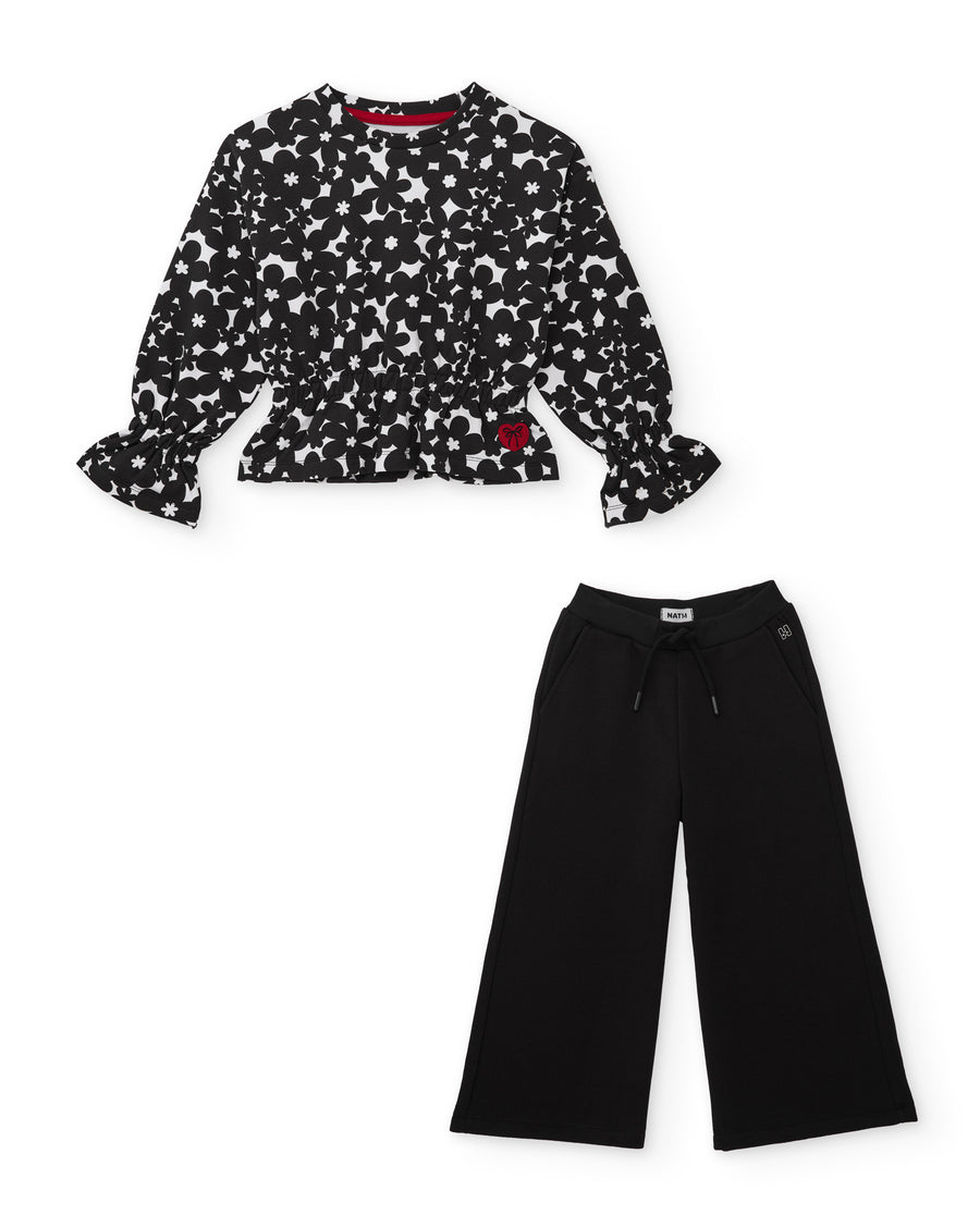Girls’ knitted set with a floral-print sweatshirt and wide-leg trousers