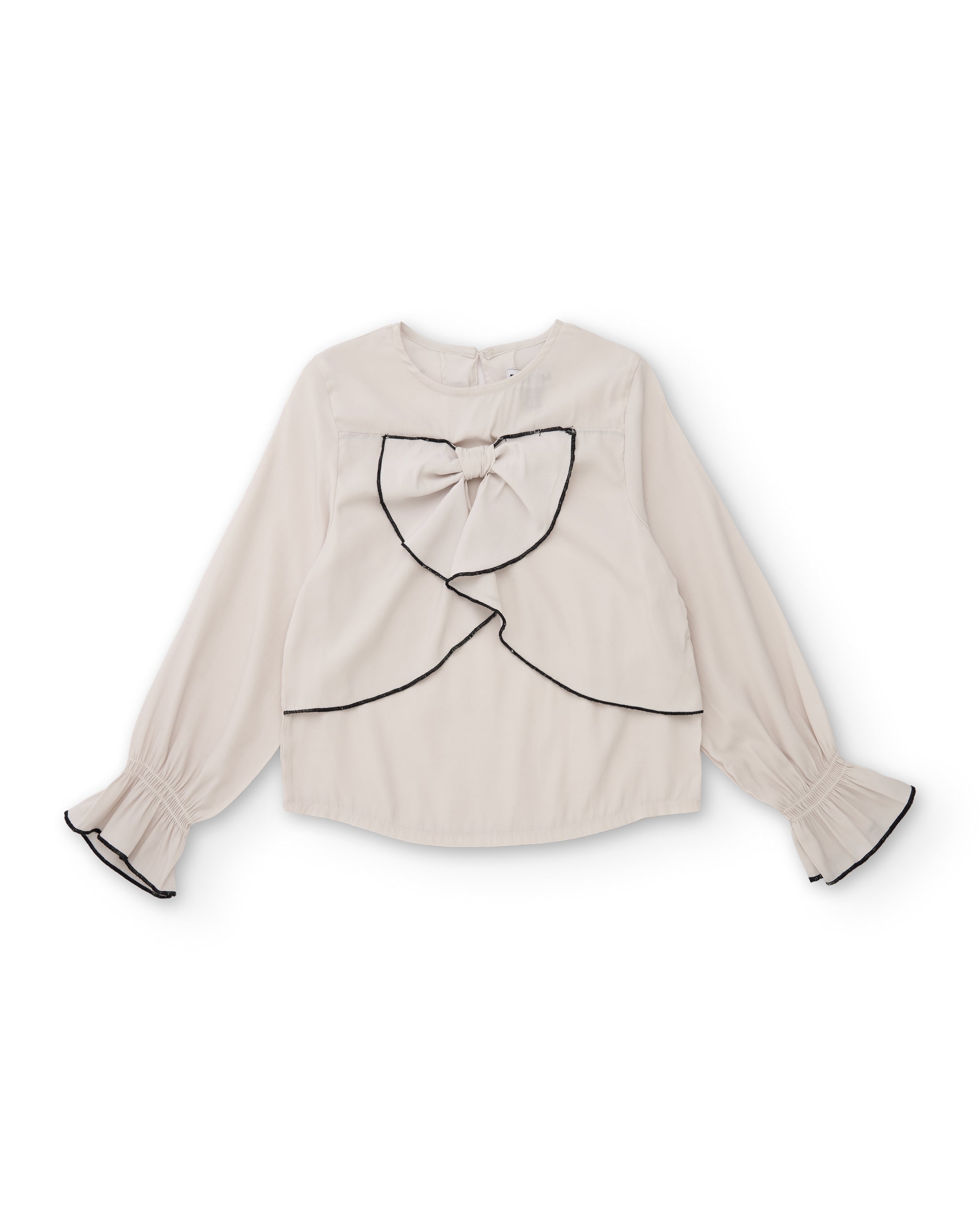 Camisa de niña de tela plana con cuello de volante y lazo central