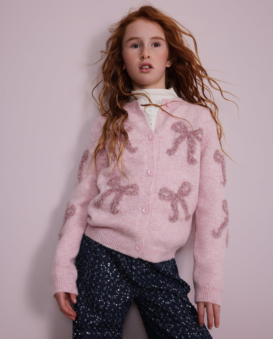 Girls' knitted jacket with bows and buttons