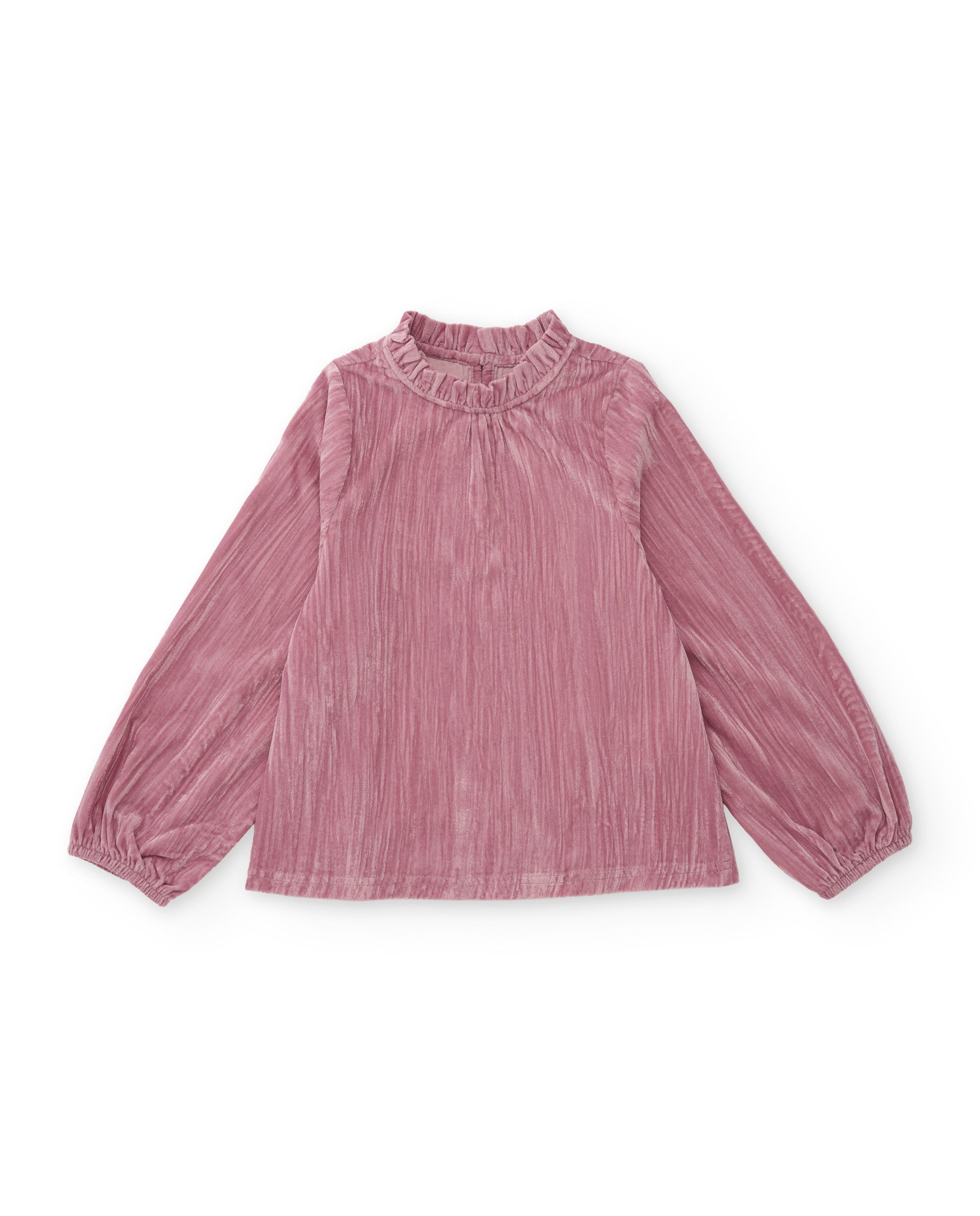 Blusa de niña de tela plana con cuello plisado y volantes